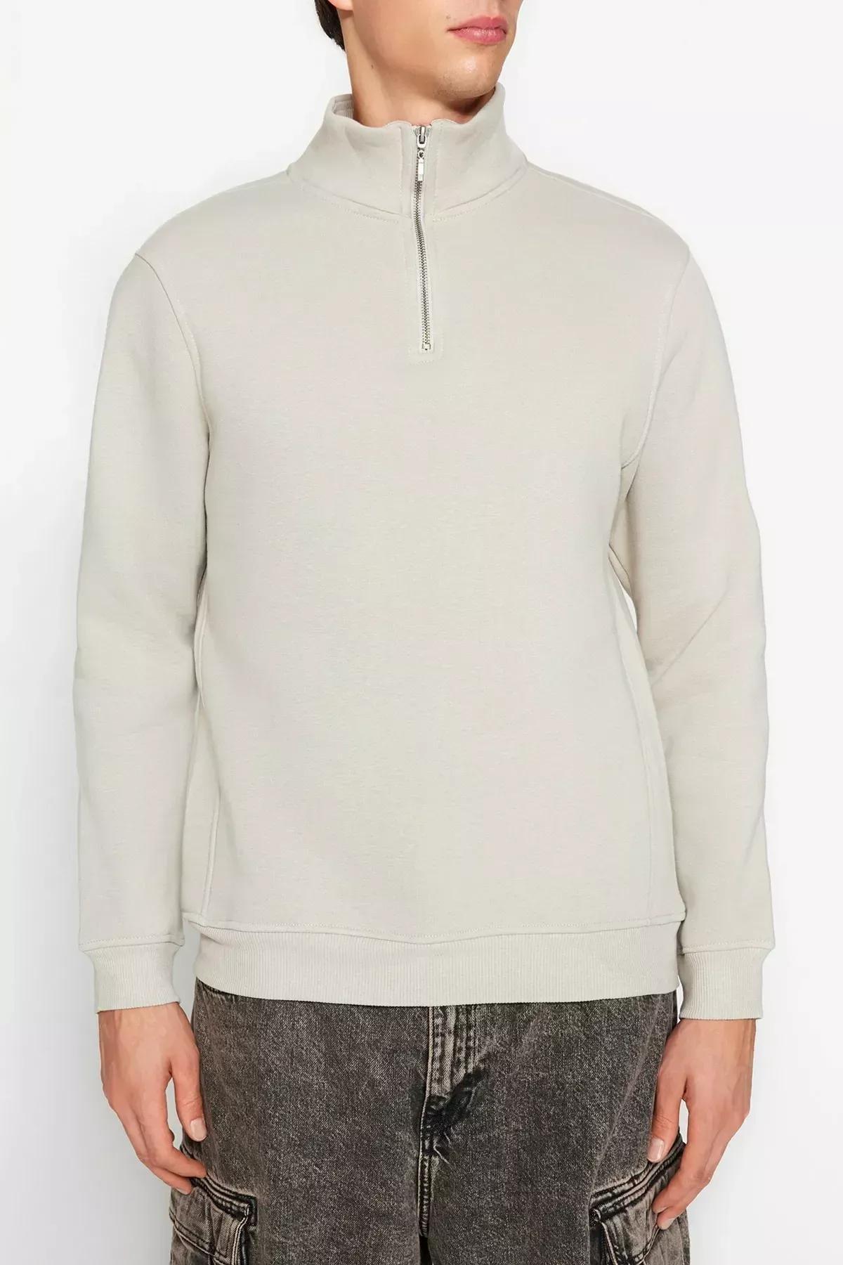 Beige Collared Zippered Sweatshirt, C101_1948, large image number 3