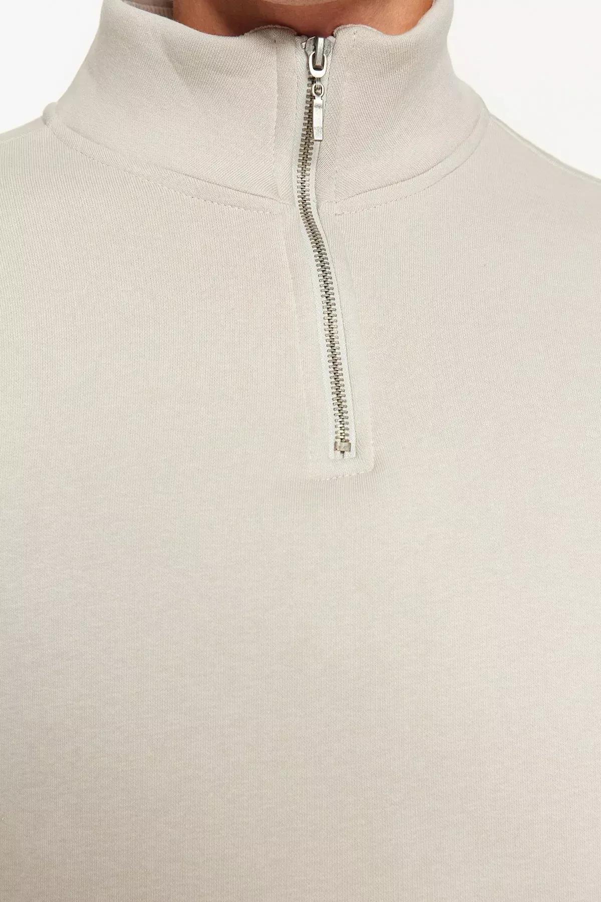 Beige Collared Zippered Sweatshirt, C101_1948, large image number 4