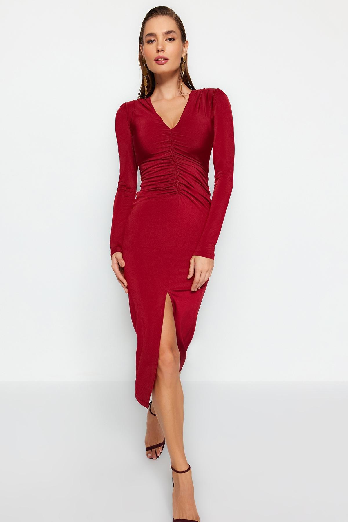 Trendyol - Burgundy Fitted Knitted Evening Dress