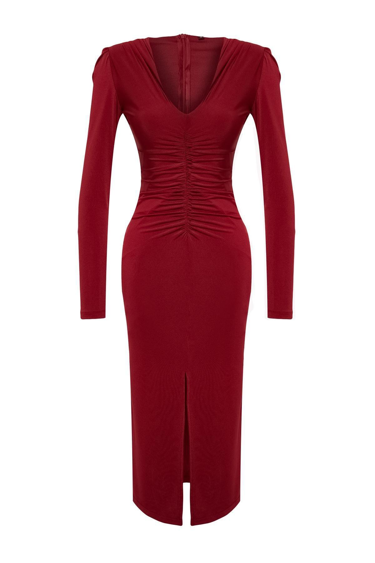 Trendyol - Burgundy Fitted Knitted Evening Dress