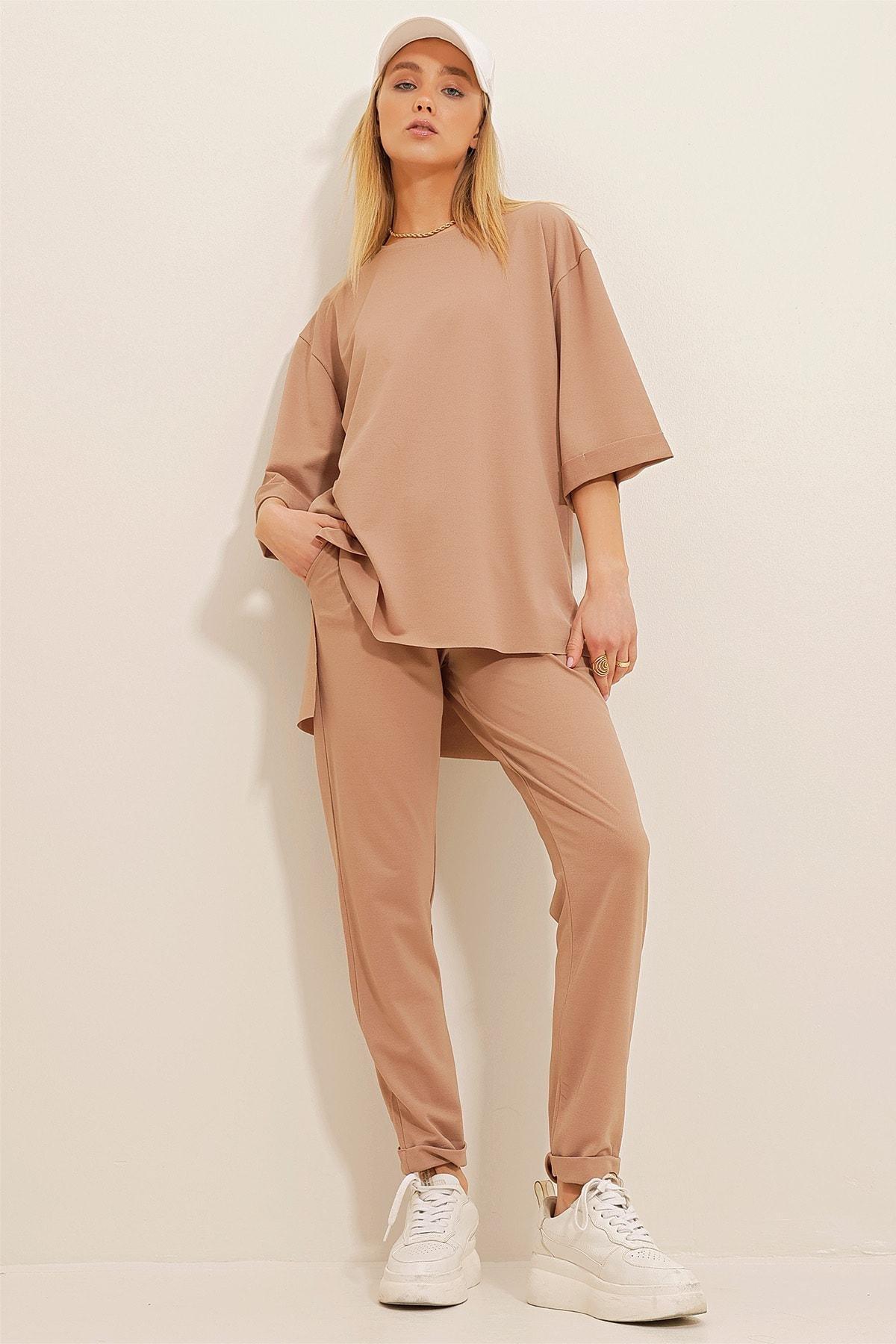 Alacati - Beige Crew Neck Slit Co-Ord Set