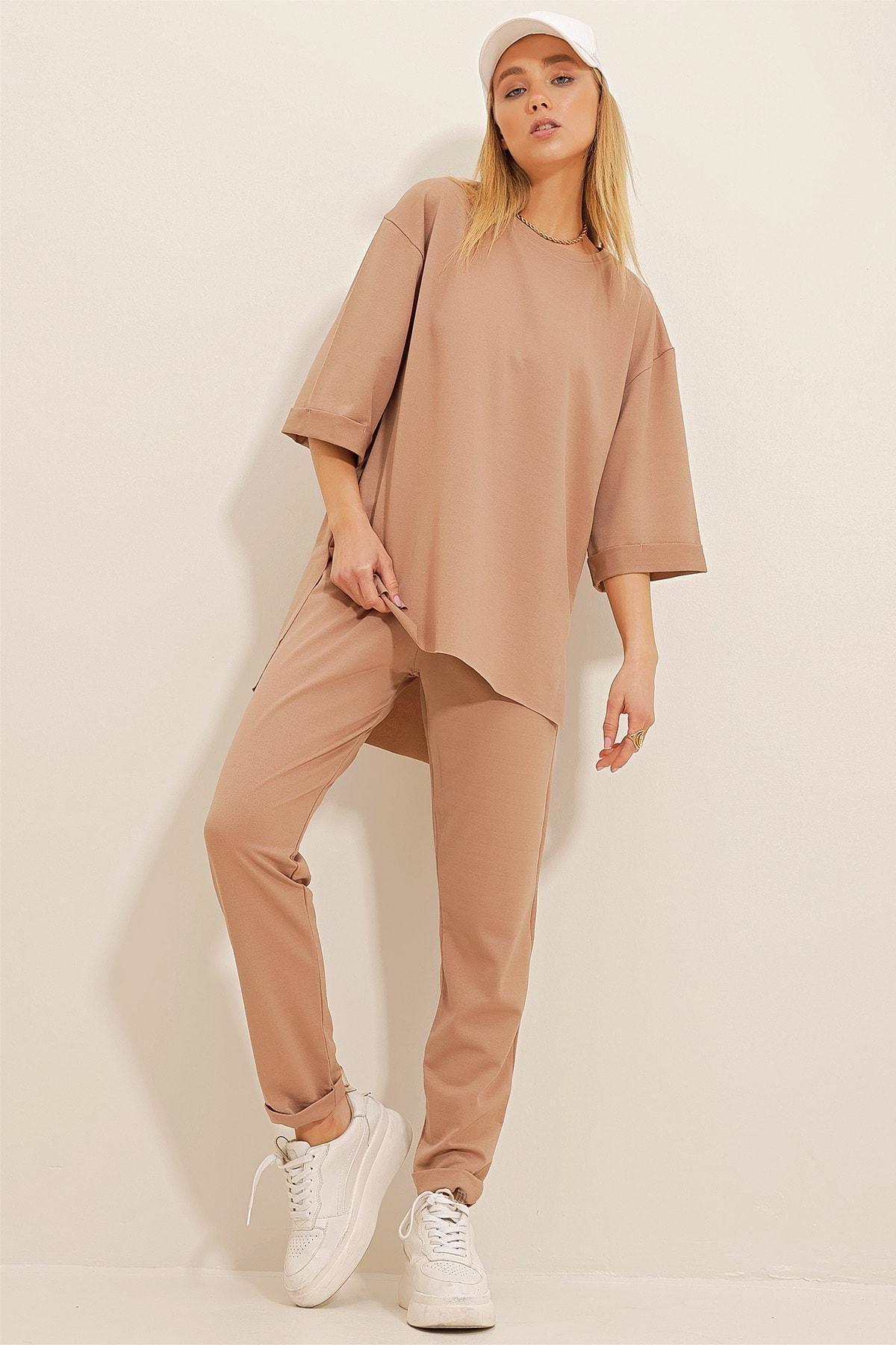 Alacati - Beige Crew Neck Slit Co-Ord Set