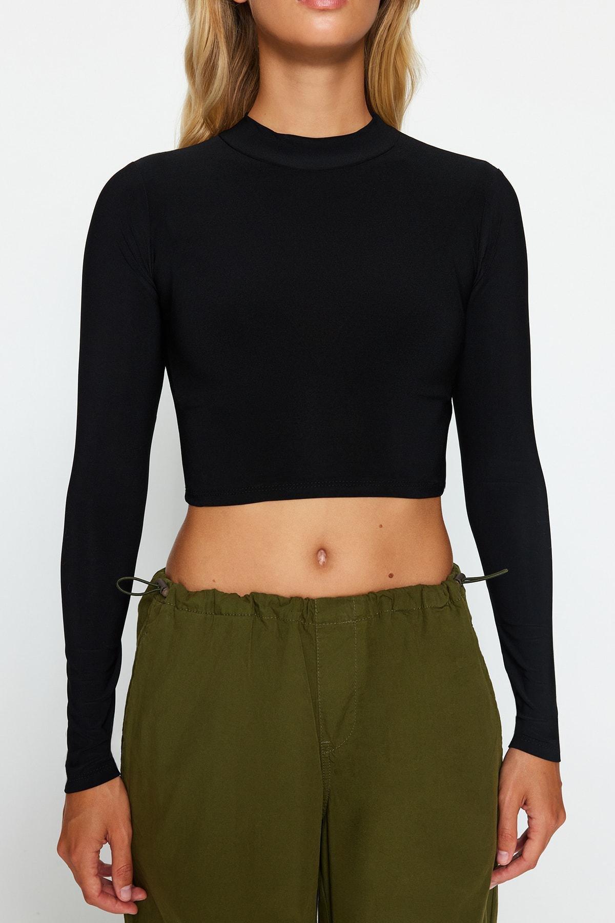 Black Stand-Up Collar Elastic Knitted Blouse, , large image number 4
