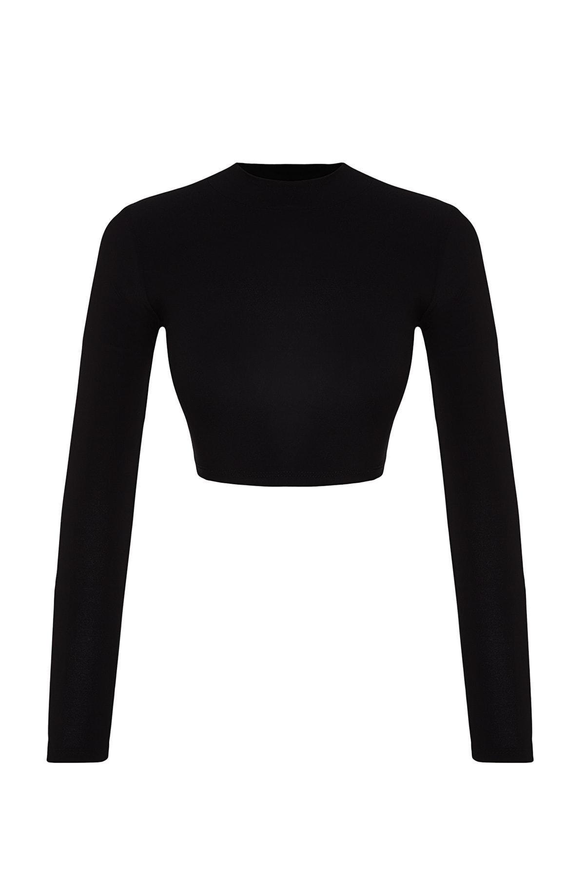 Black Stand-Up Collar Elastic Knitted Blouse, , large image number 7