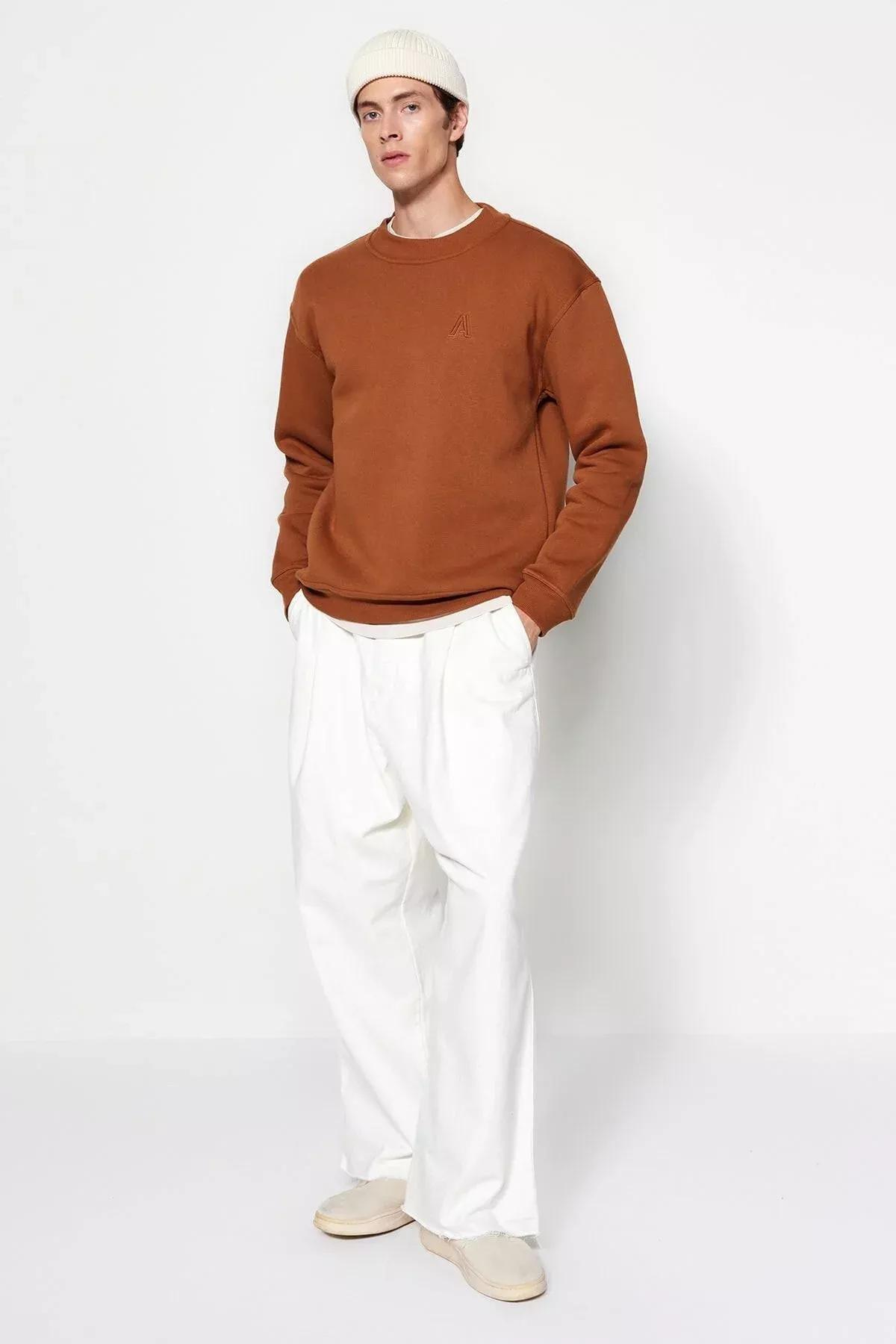 Brown Turtleneck Relaxed Sweatshirt, , large image number 4