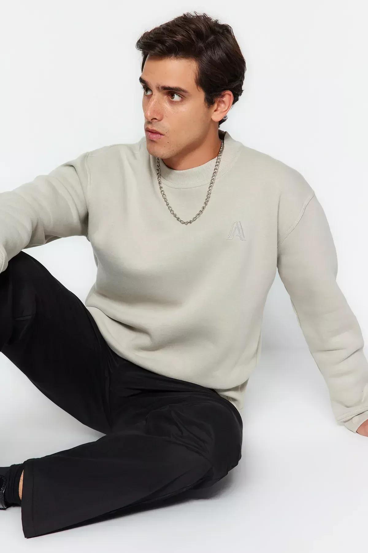 Beige Turtleneck Relaxed Sweatshirt, C101_1948, large image number 2