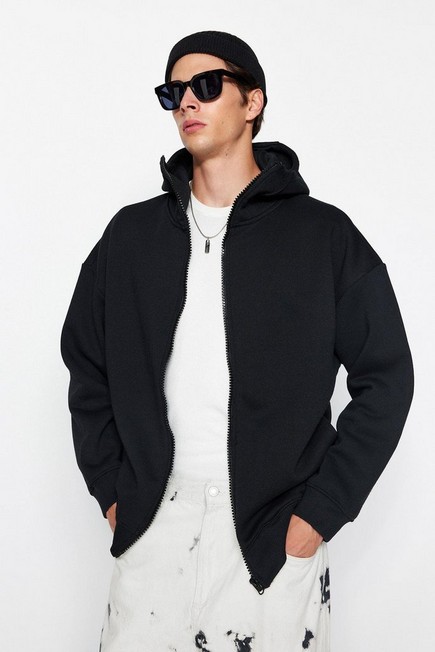 Trendyol - Black Oversized Zippered Hooded Sweatshirt