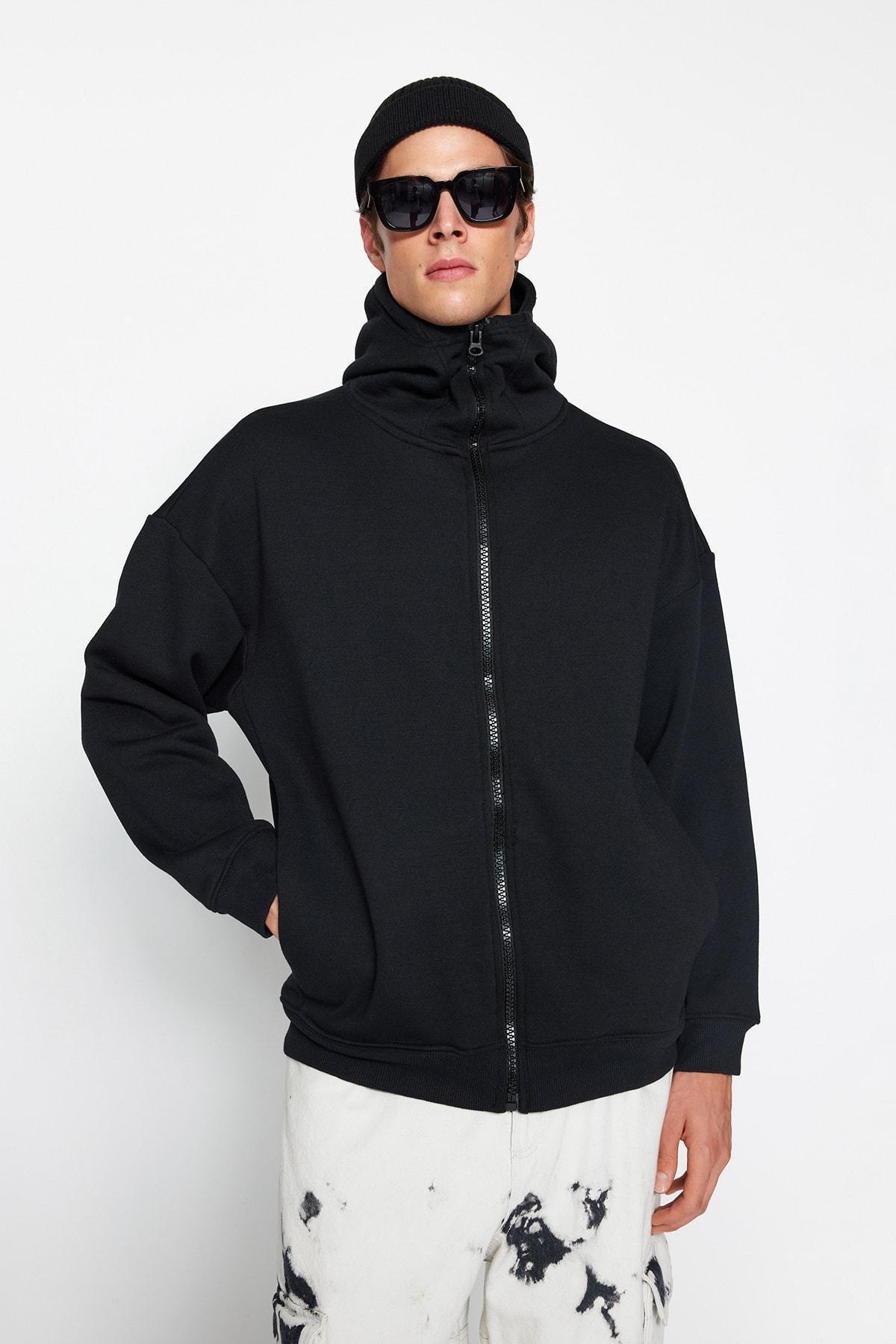 Black Oversized Zippered Hooded Sweatshirt, C101_0, large image number 2