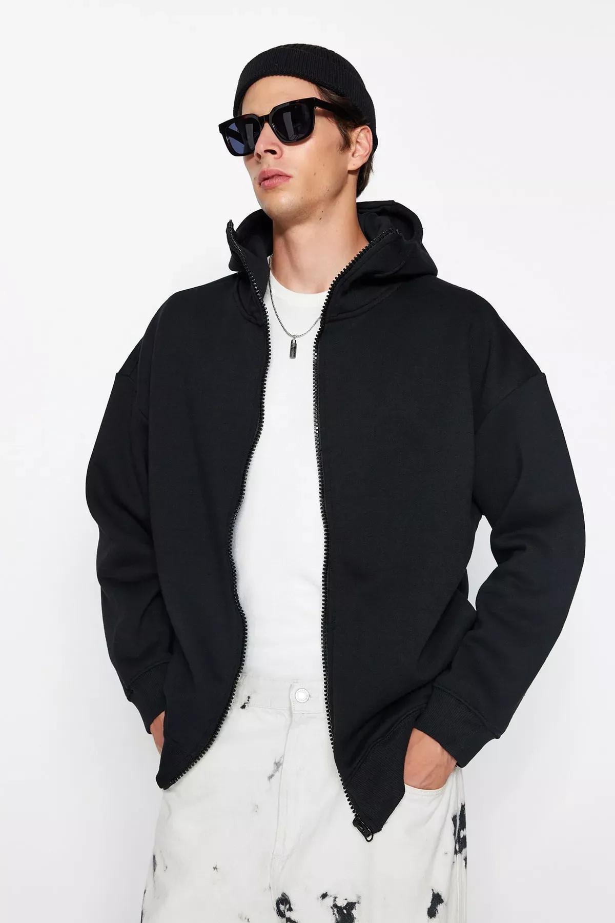 Black Oversize Zippered Hooded Cotton Sweatshirt, C101_2094, medium