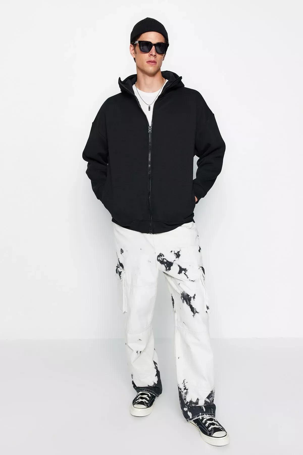Black Oversize Zippered Hooded Cotton Sweatshirt, C101_2094, large image number 1