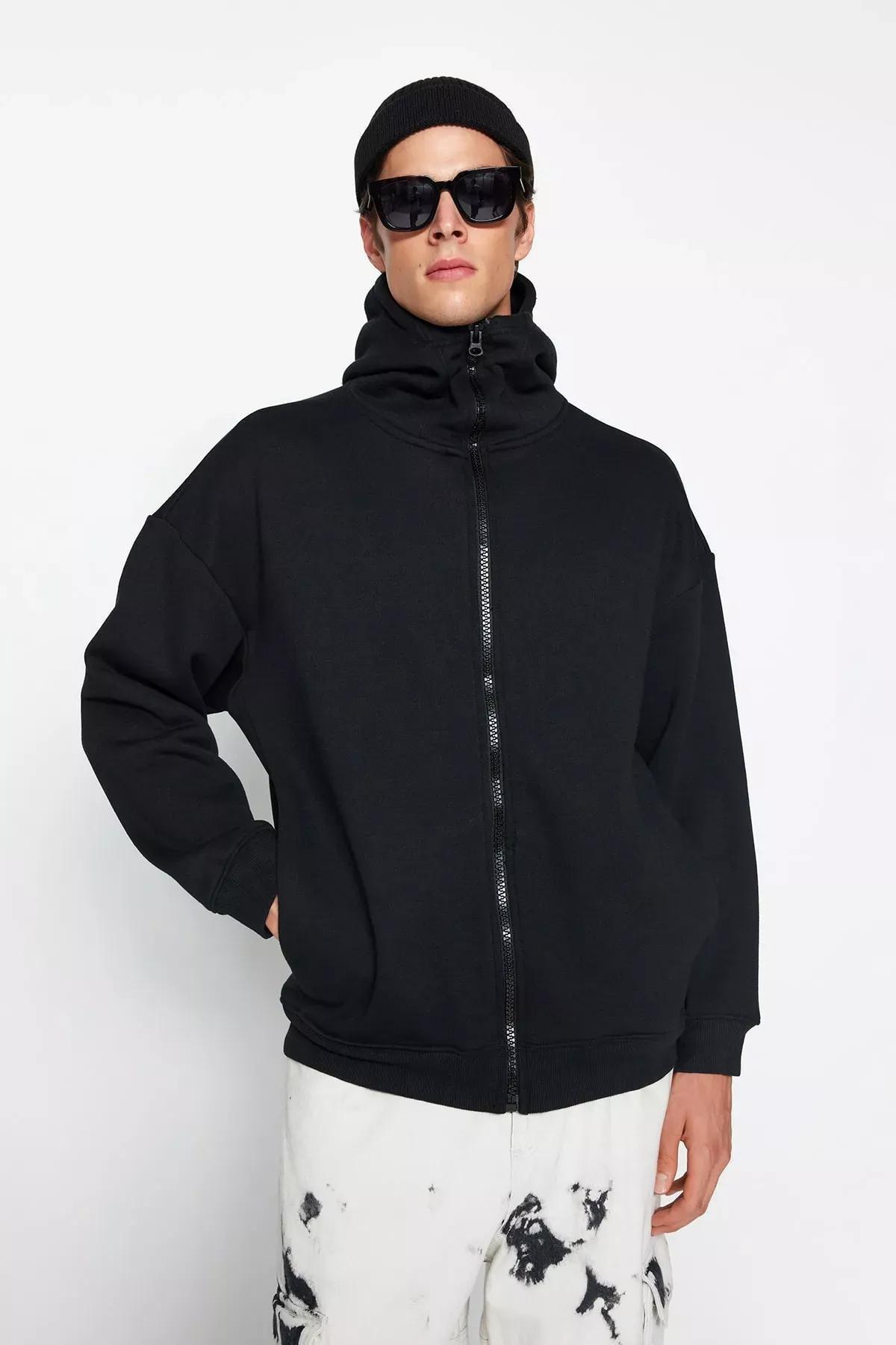 Black Oversize Zippered Hooded Cotton Sweatshirt, C101_2094, large image number 2