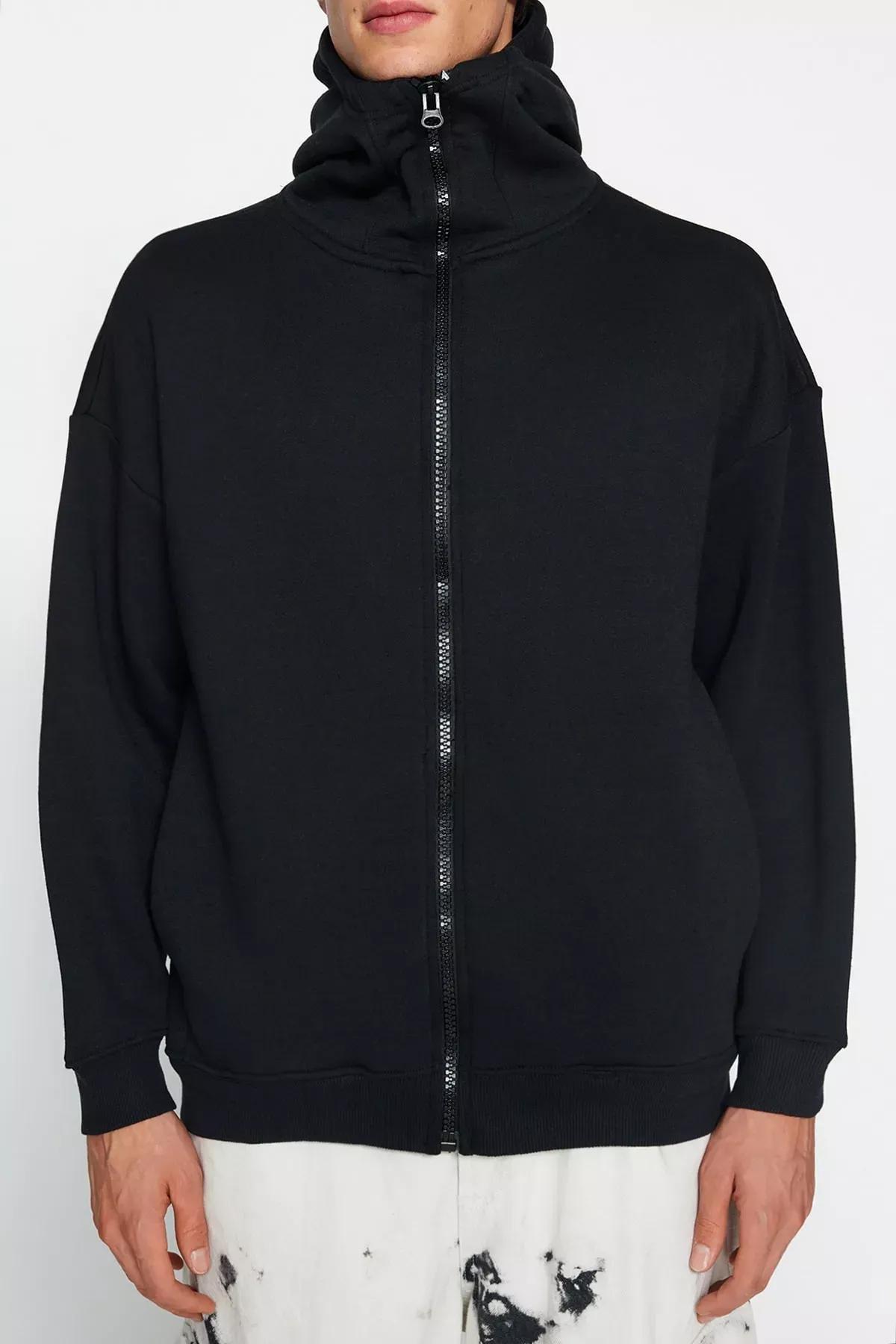 Black Oversize Zippered Hooded Cotton Sweatshirt, C101_2094, large image number 3