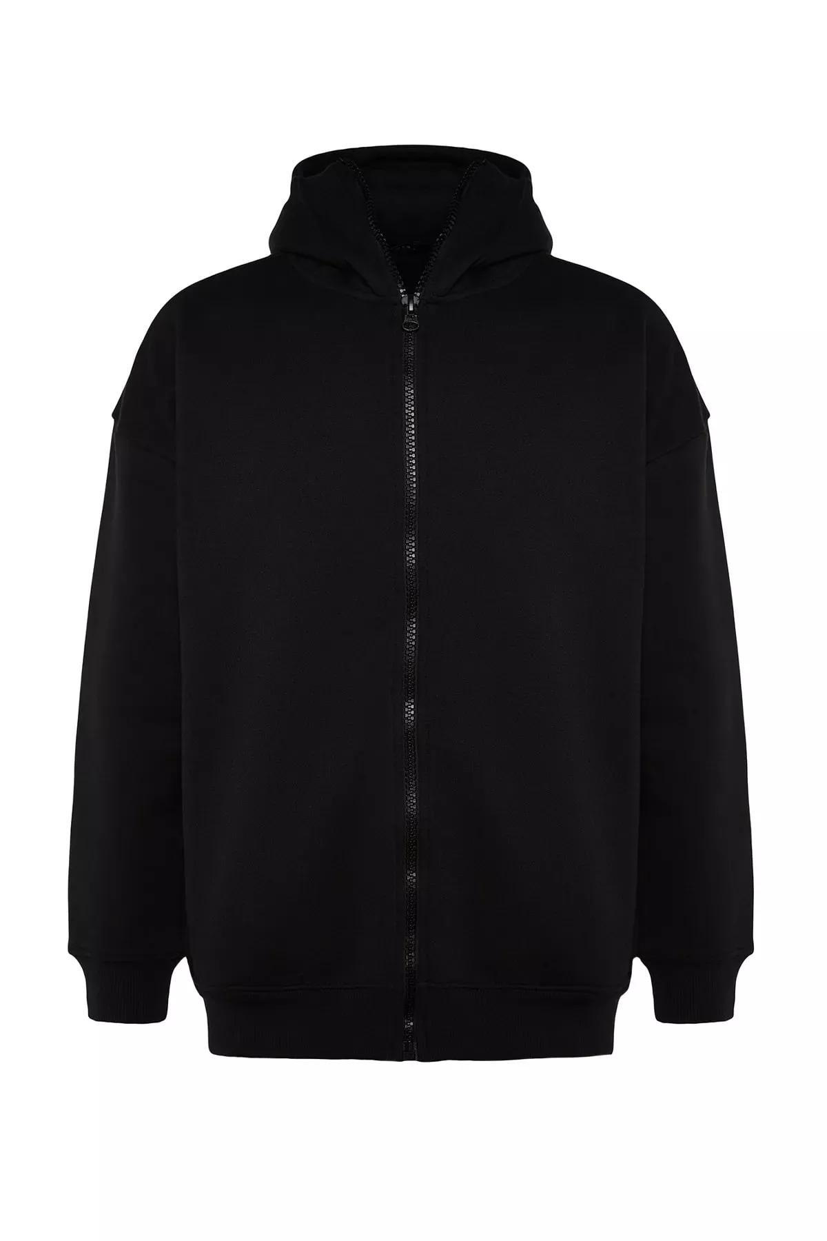 Black Oversize Zippered Hooded Cotton Sweatshirt, C101_2094, large image number 6