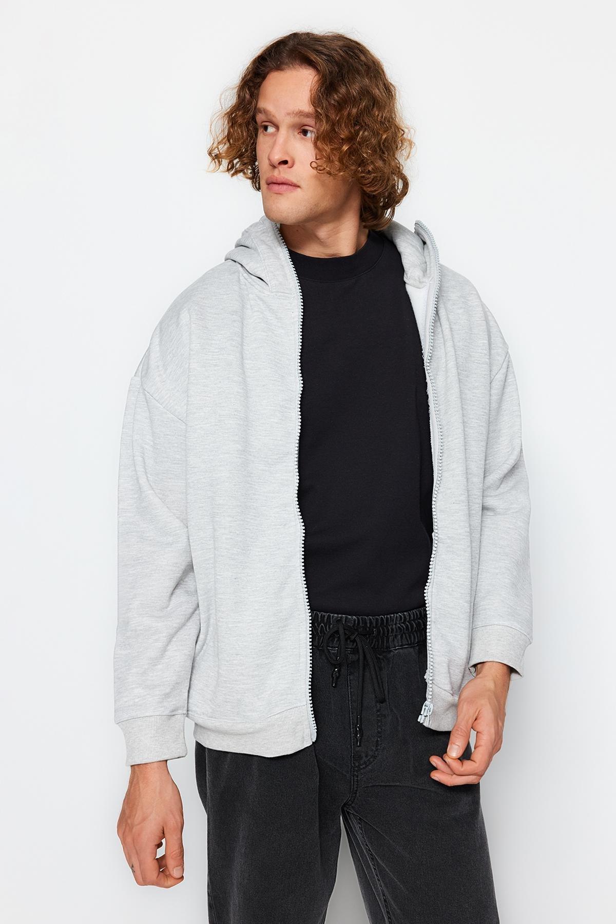 Trendyol - Grey Oversize Zippered Cotton Sweatshirt
