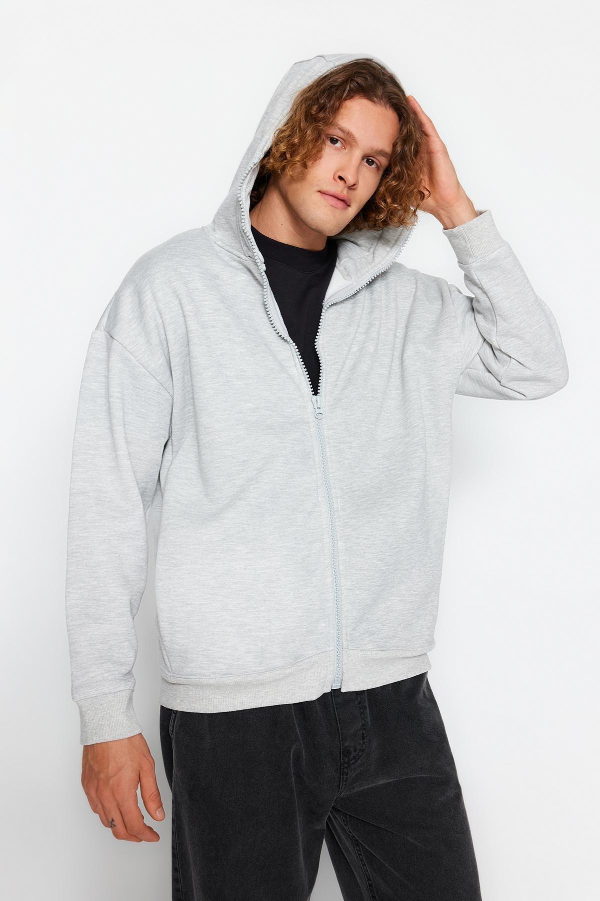 Trendyol - Grey Oversize Zippered Cotton Sweatshirt
