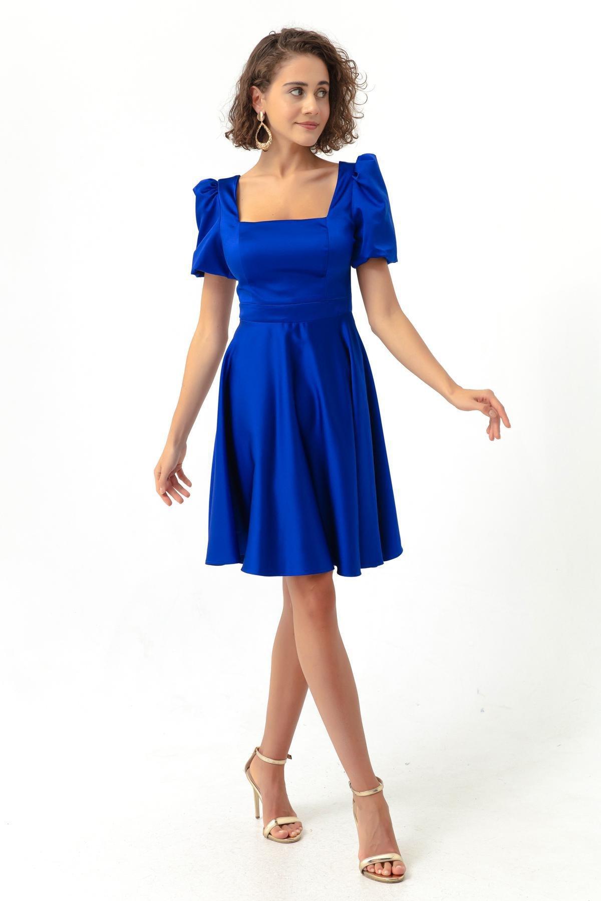 Lafaba - Blue Flare Cut Mini Satin Occasion Wear Dress