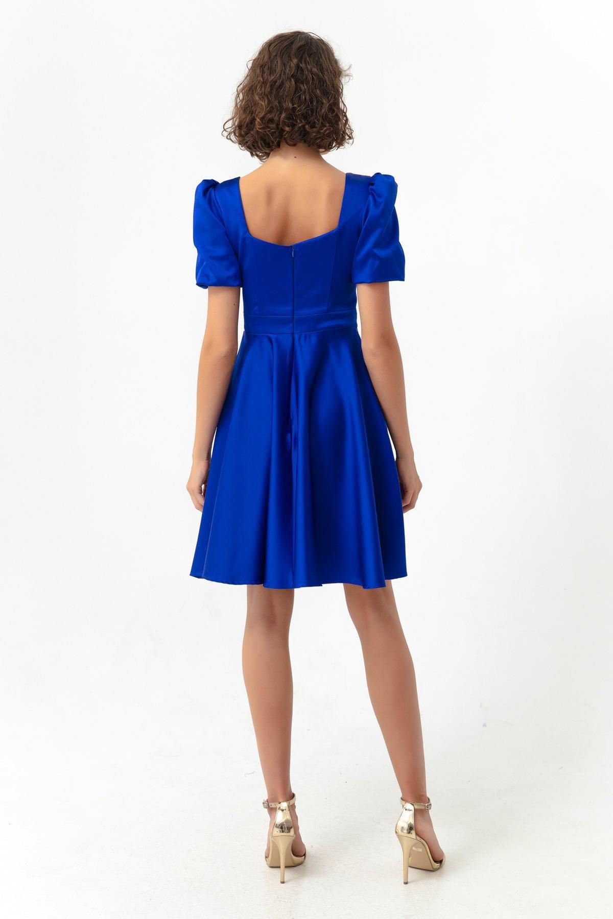 Lafaba - Blue Flare Cut Mini Satin Occasion Wear Dress