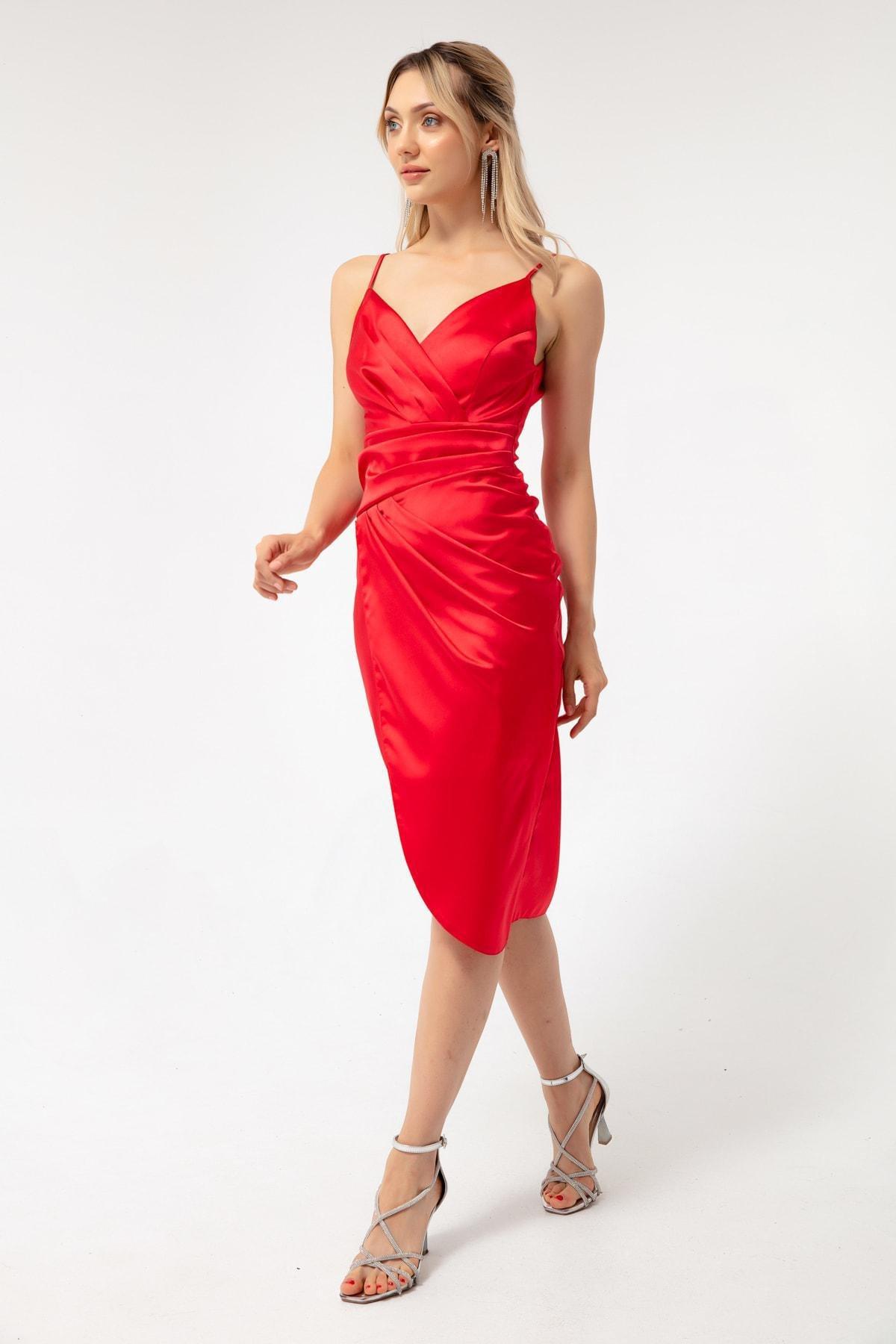 Lafaba - Red Double-Breasted Satin Occasion Wear Dress