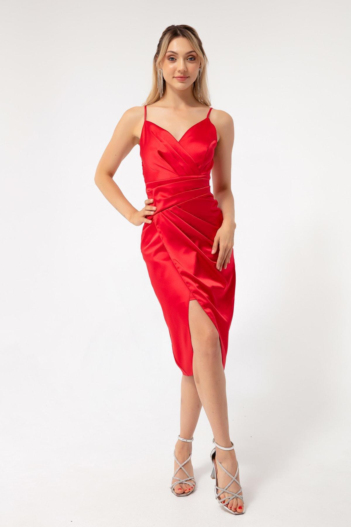 Lafaba - Red Double-Breasted Satin Occasion Wear Dress