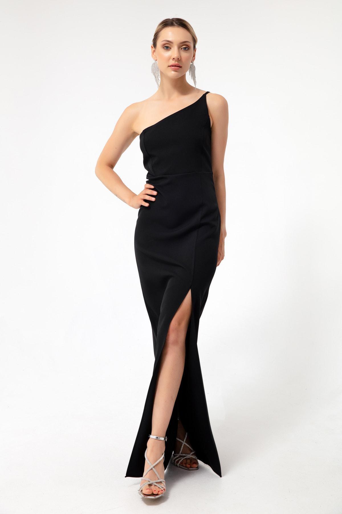 Lafaba - Black One-Shoulder Slit Midi Dress