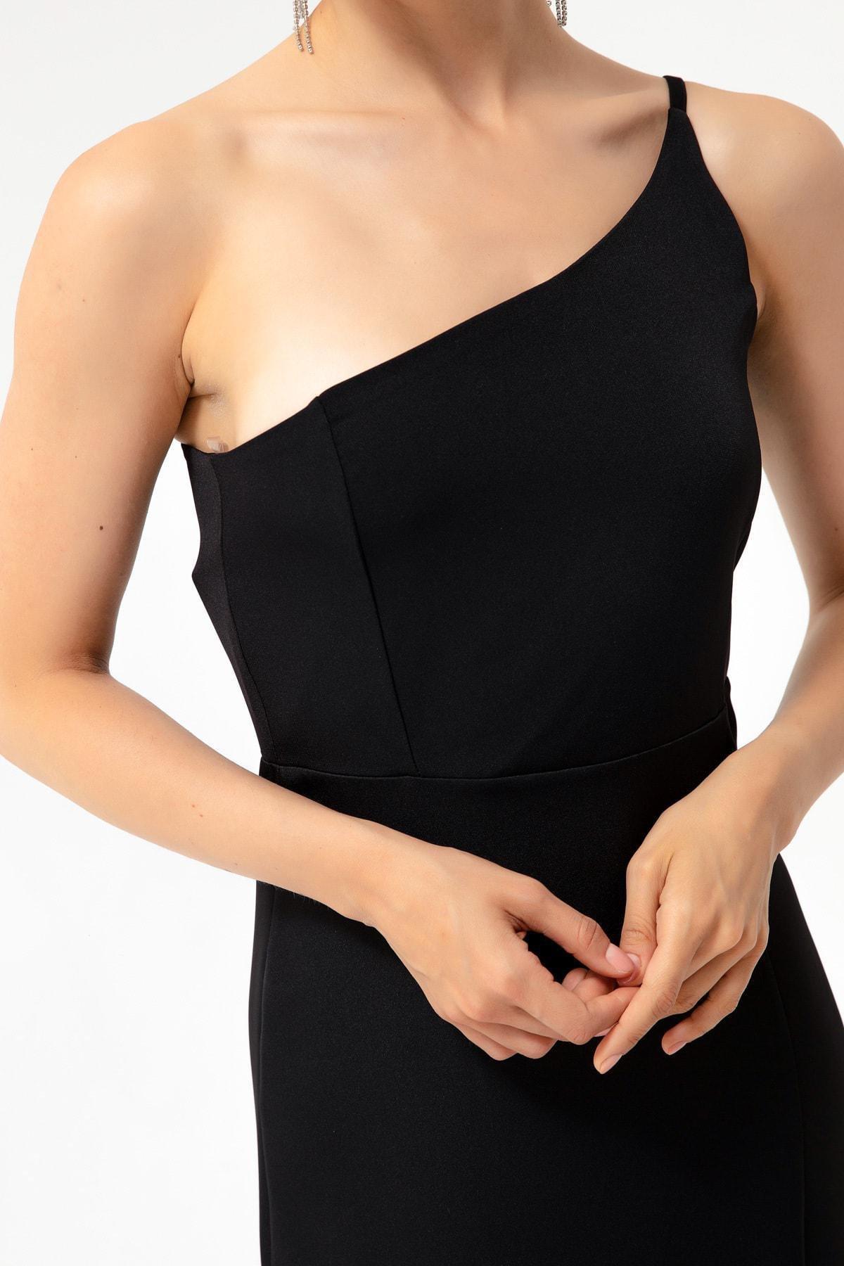 Lafaba - Black One-Shoulder Slit Midi Dress