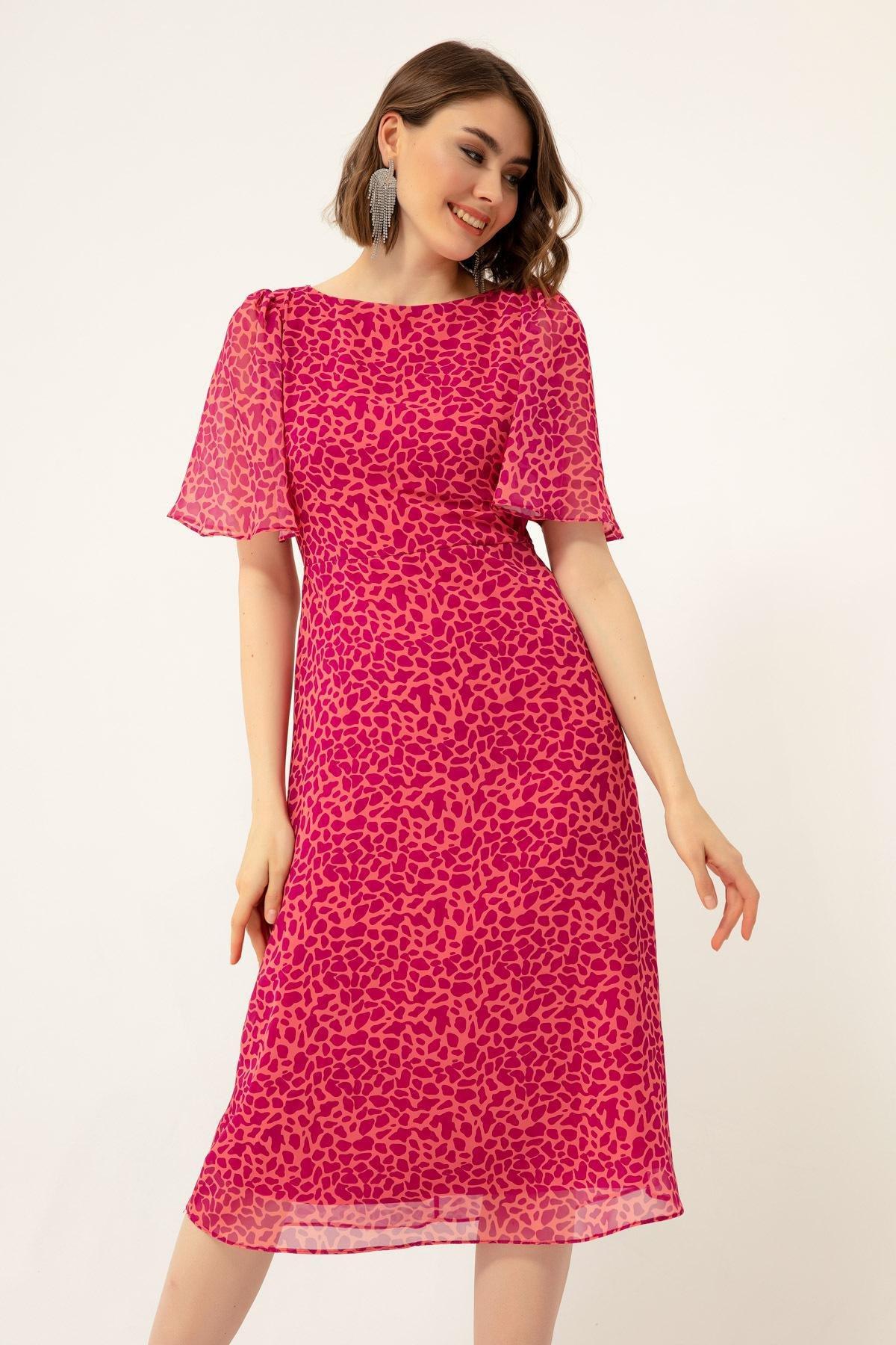 Lafaba - Pink Patterned Midi Chiffon Dress