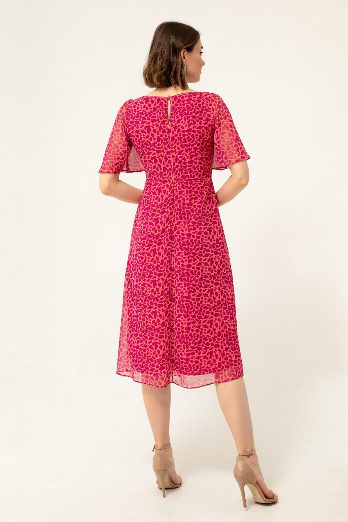 Lafaba - Pink Patterned Midi Chiffon Dress