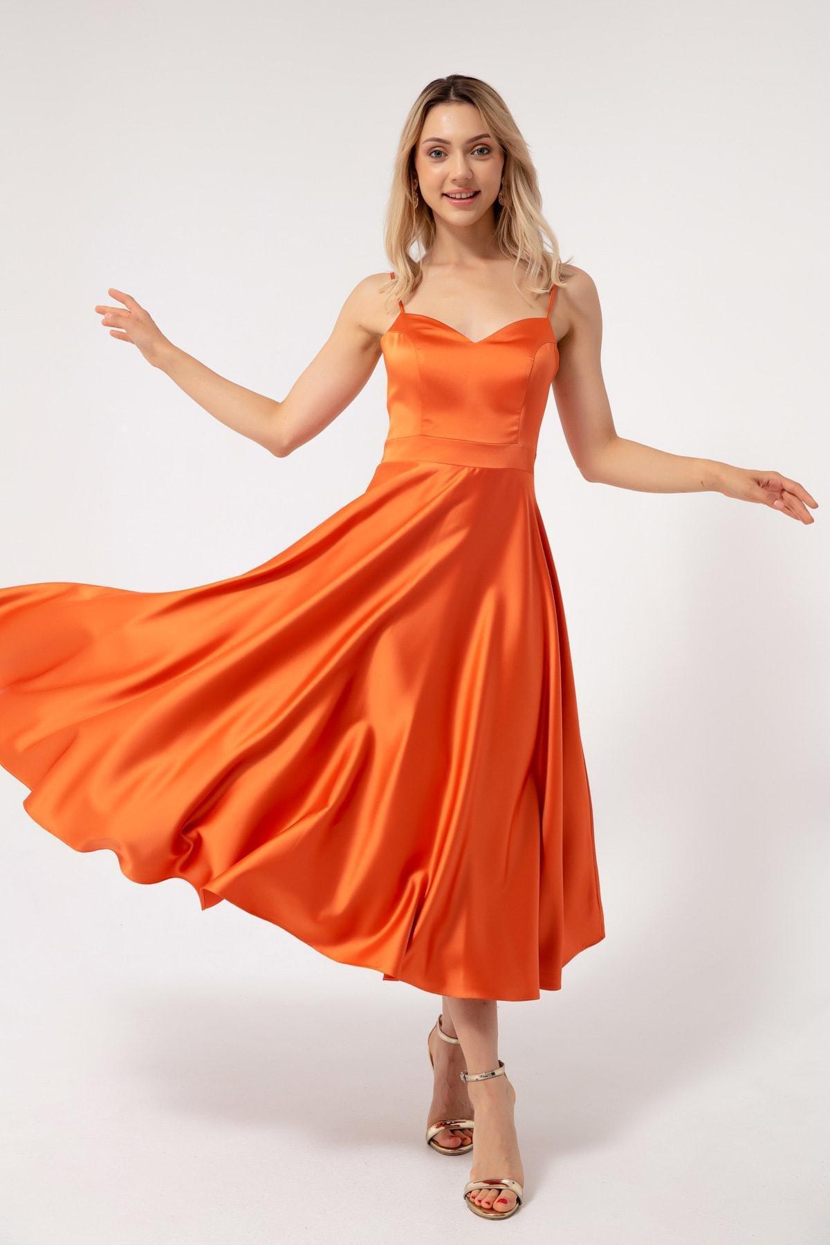 Lafaba - Orange Satin Midi Occasion Wear Dress