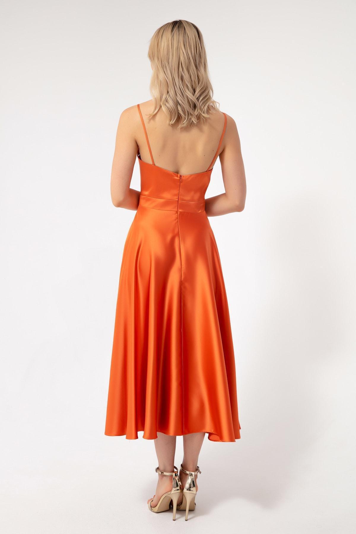Lafaba - Orange Satin Midi Occasion Wear Dress