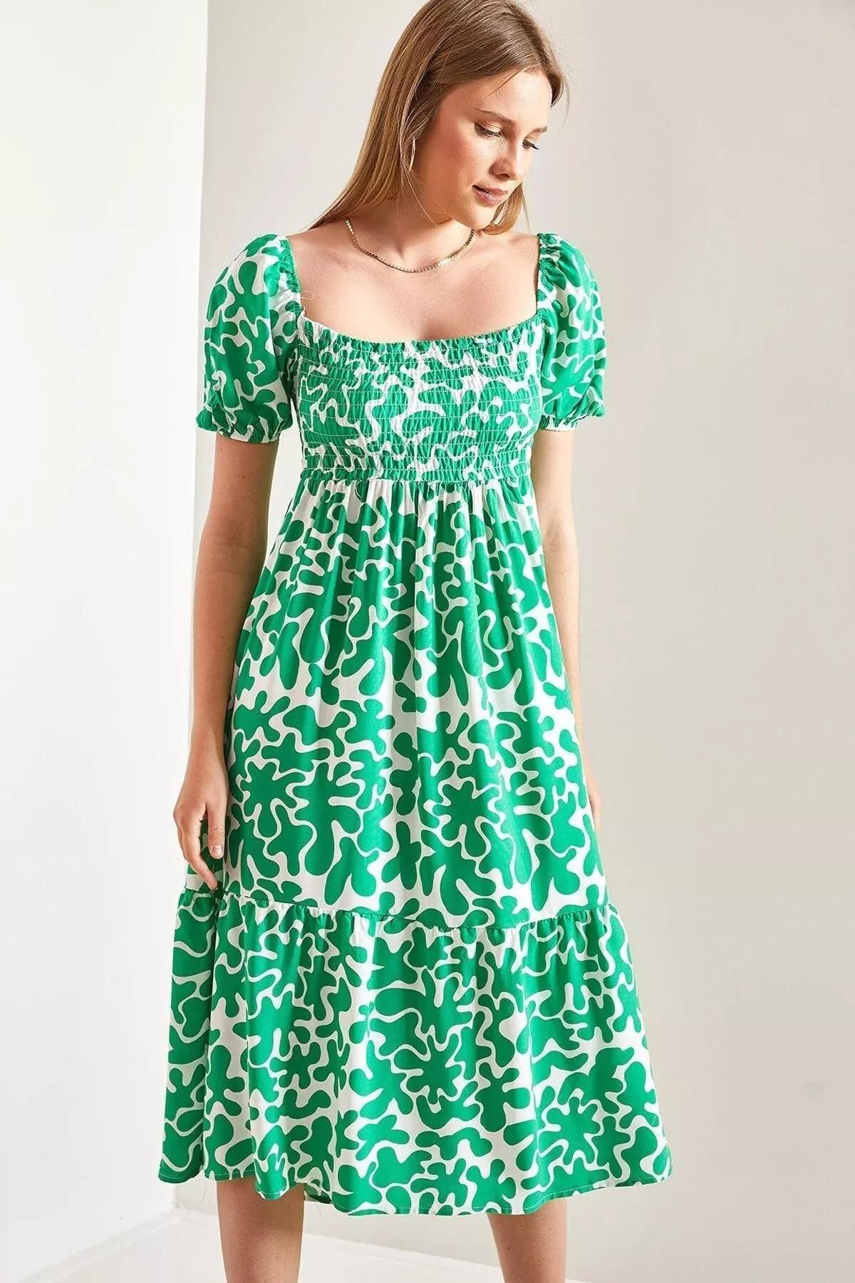 Abstract Milkmaid Vacation Midi Dress, Green, large image number 0