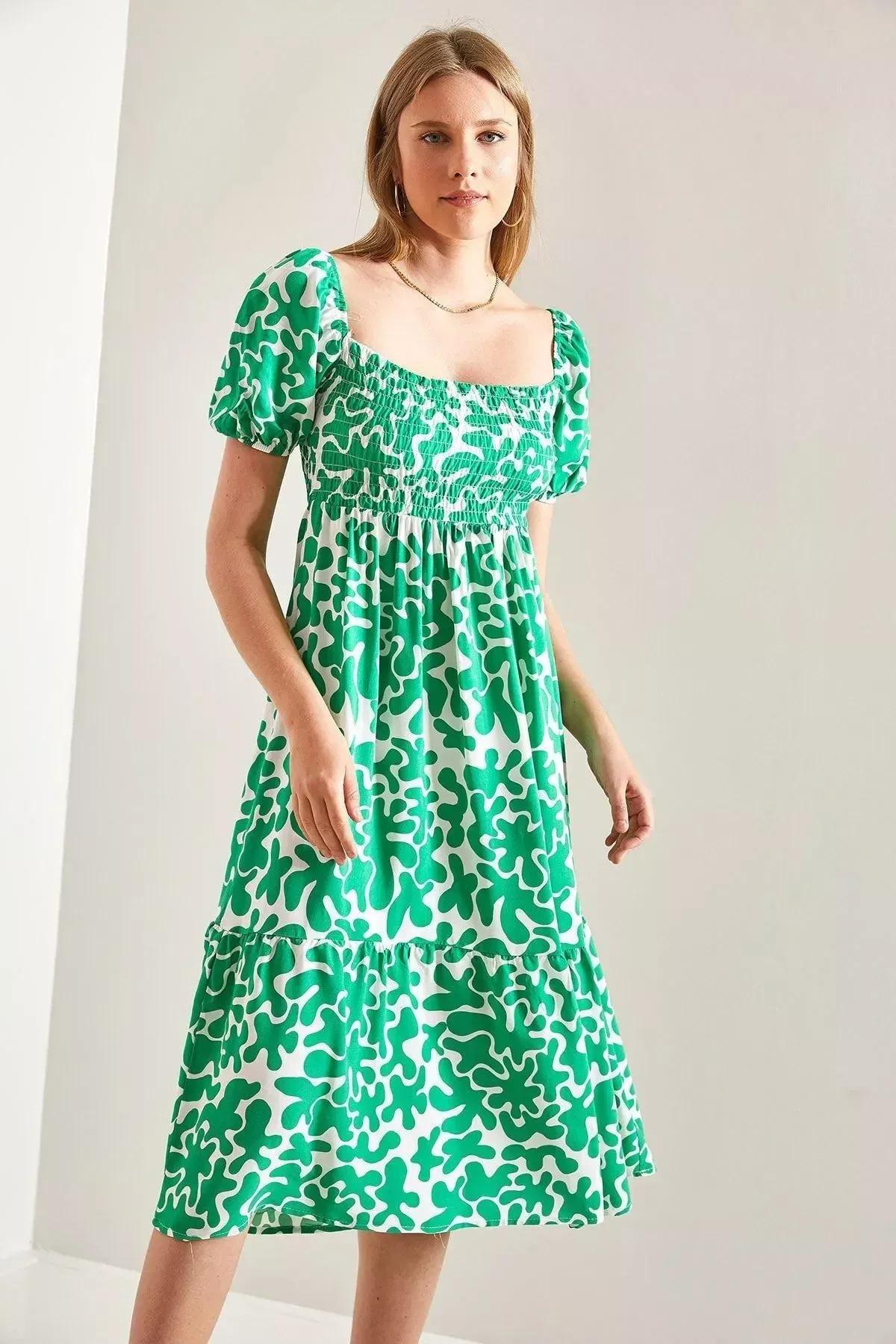 Abstract Milkmaid Vacation Midi Dress, Green, large image number 1