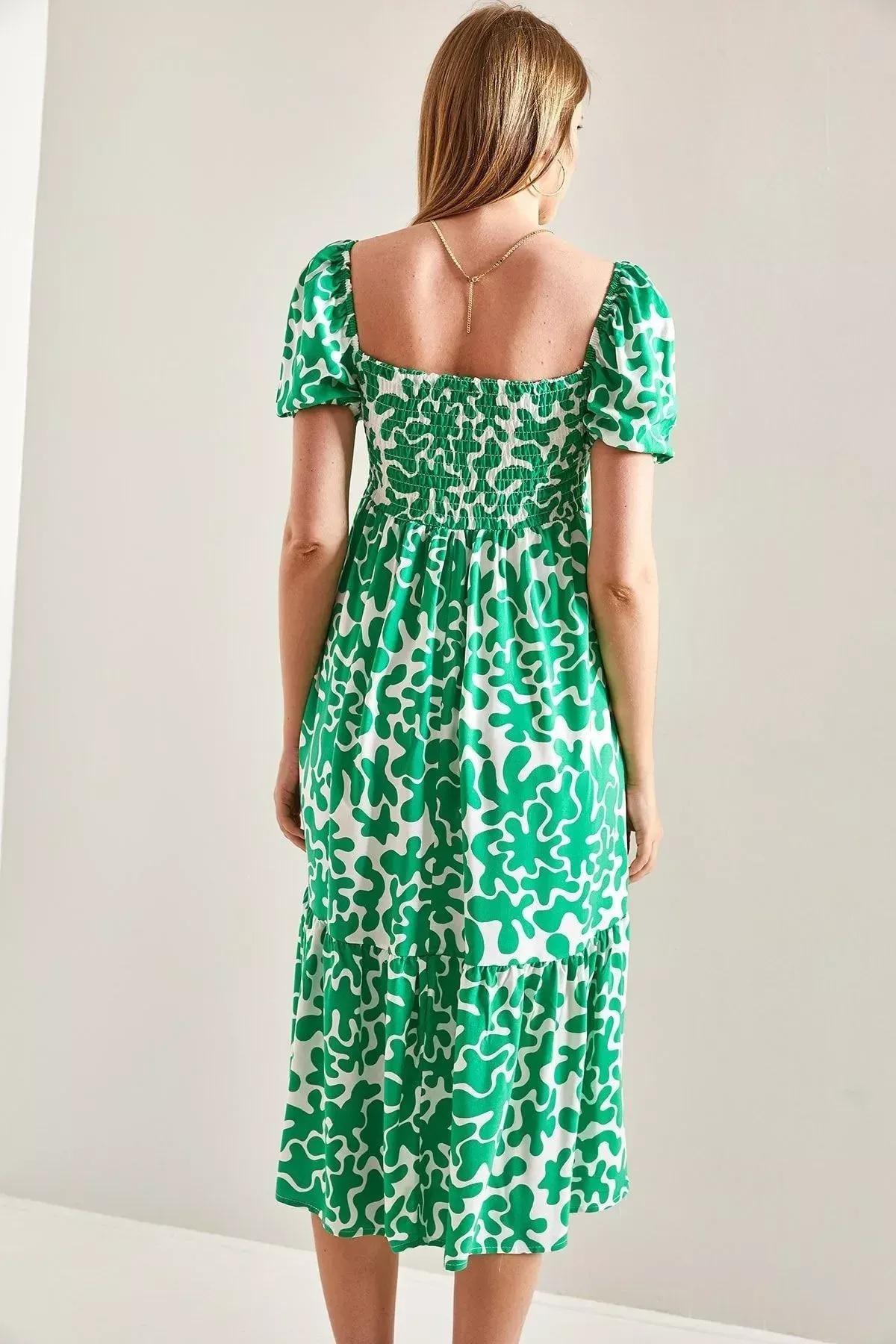 Abstract Milkmaid Vacation Midi Dress, Green, large image number 2