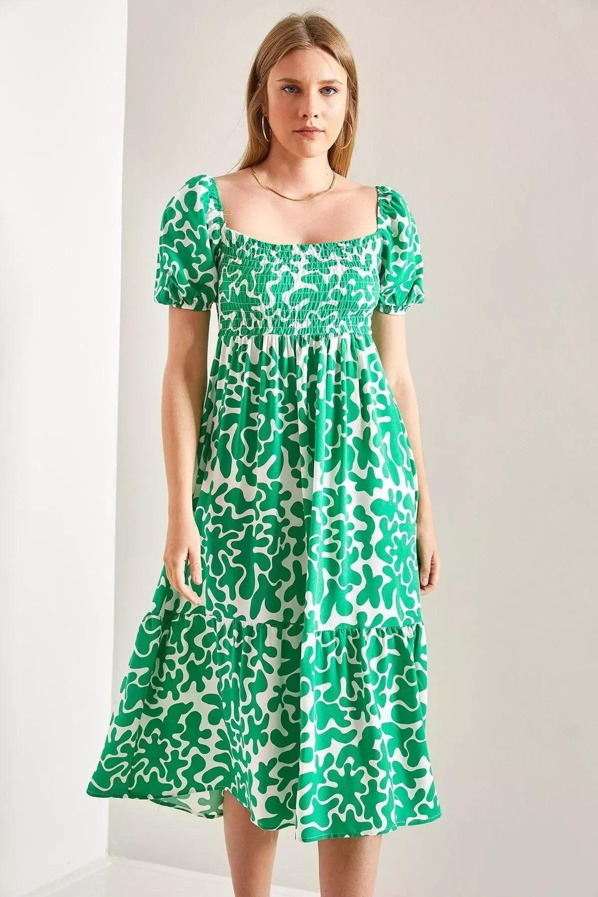 Abstract Milkmaid Vacation Midi Dress, Green, large image number 3