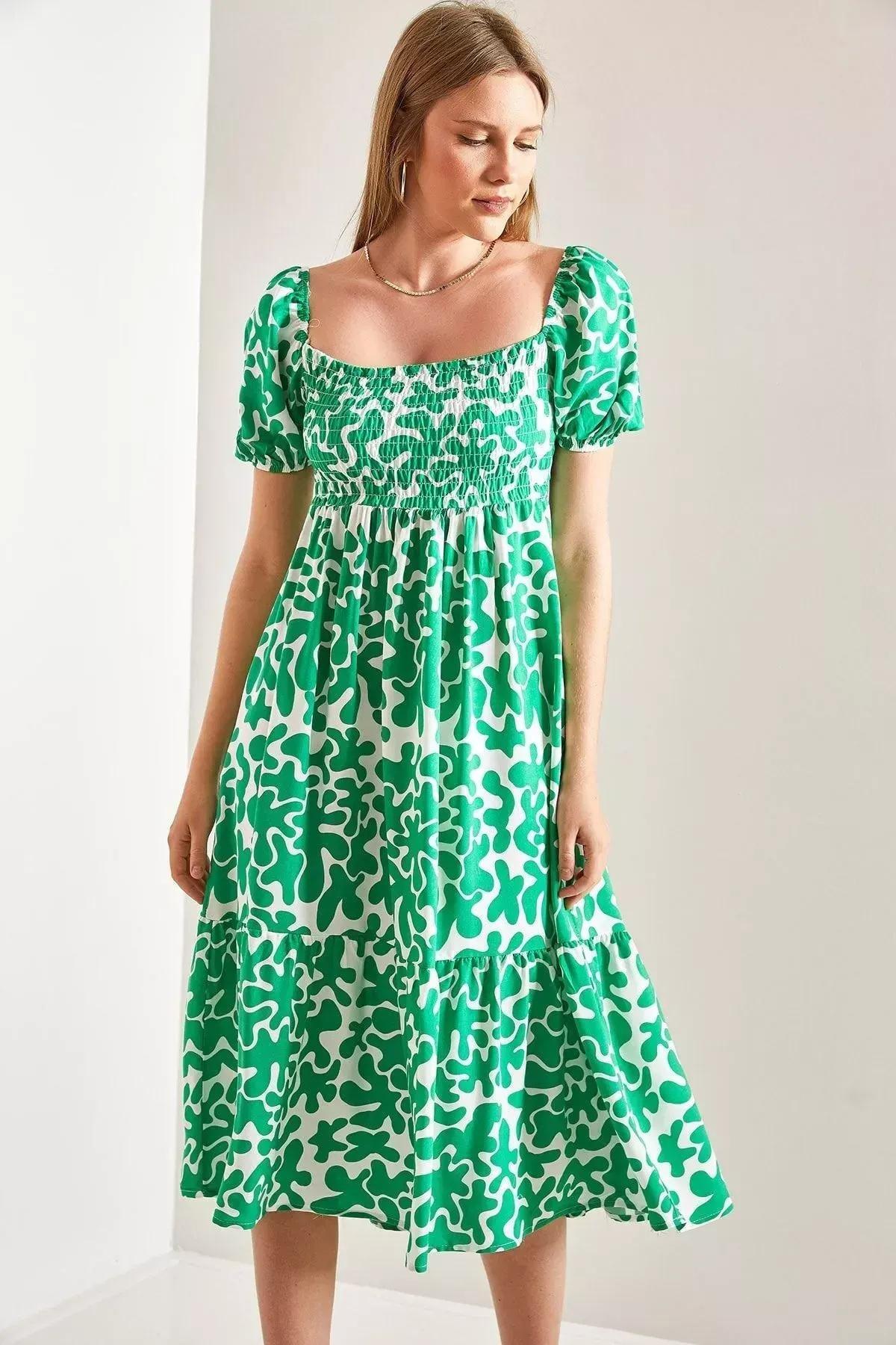 Abstract Milkmaid Vacation Midi Dress, Green, large image number 4