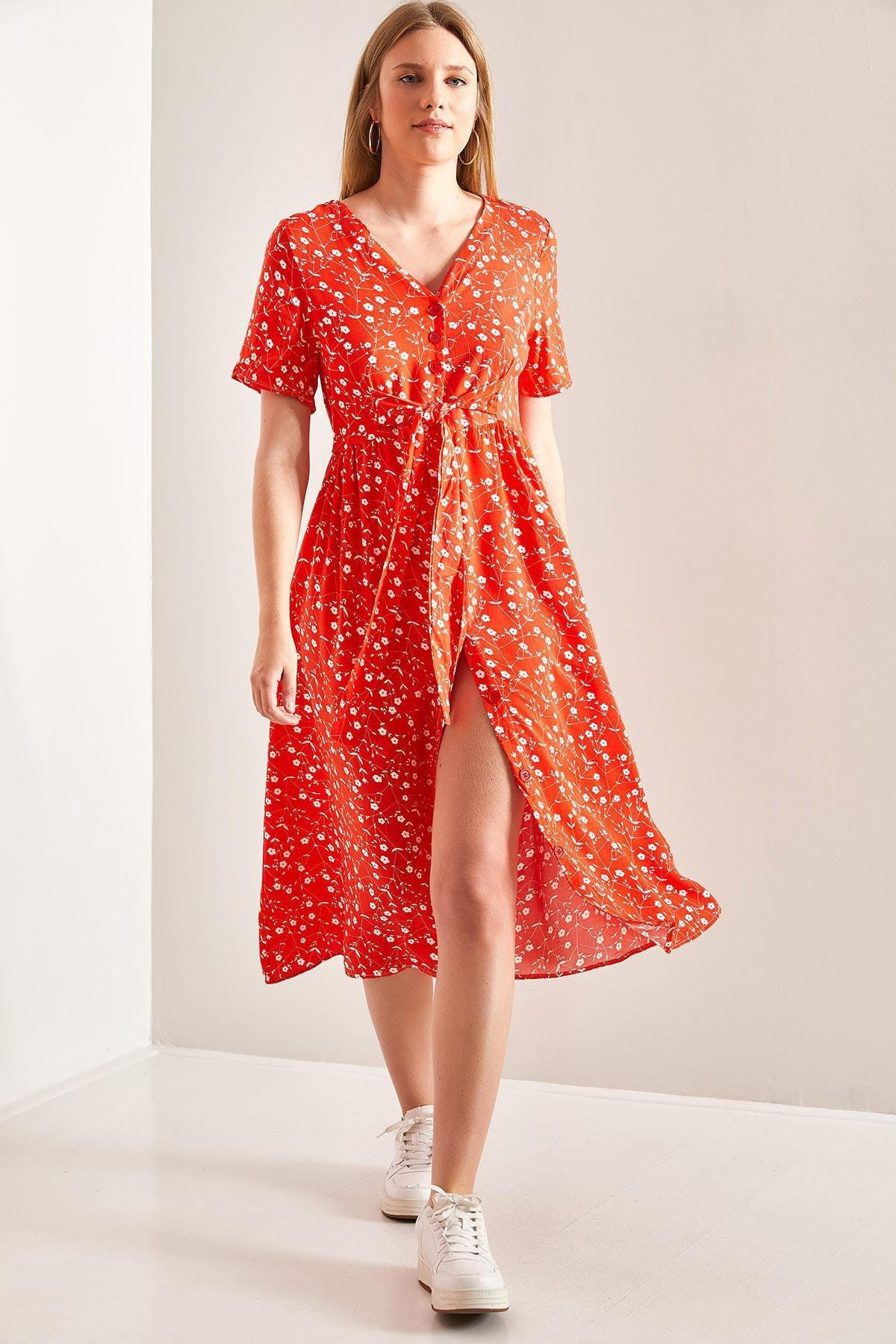 Red Buttoned Belted Floral Pattern Dress, C101_5690, large image number 0
