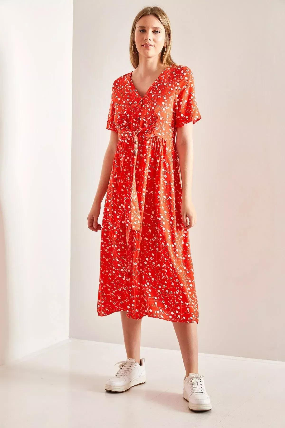 Red Buttoned Belted Floral Pattern Dress, C101_5690, large image number 1