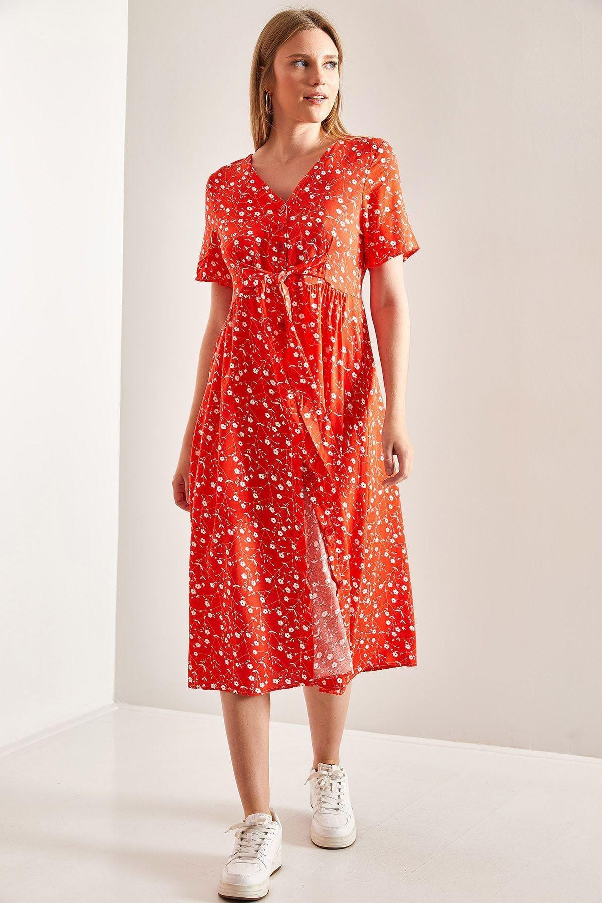 Red Buttoned Belted Floral Pattern Dress, C101_5690, large image number 2