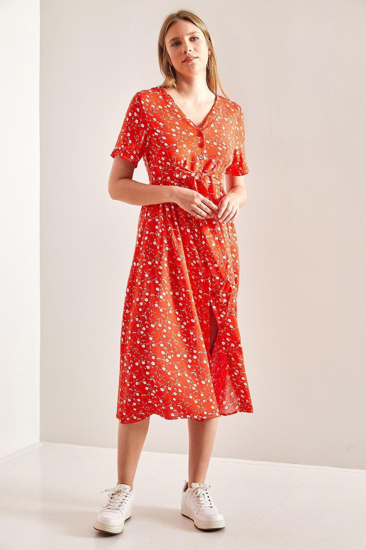 Red Buttoned Belted Floral Pattern Dress, C101_5690, large image number 3