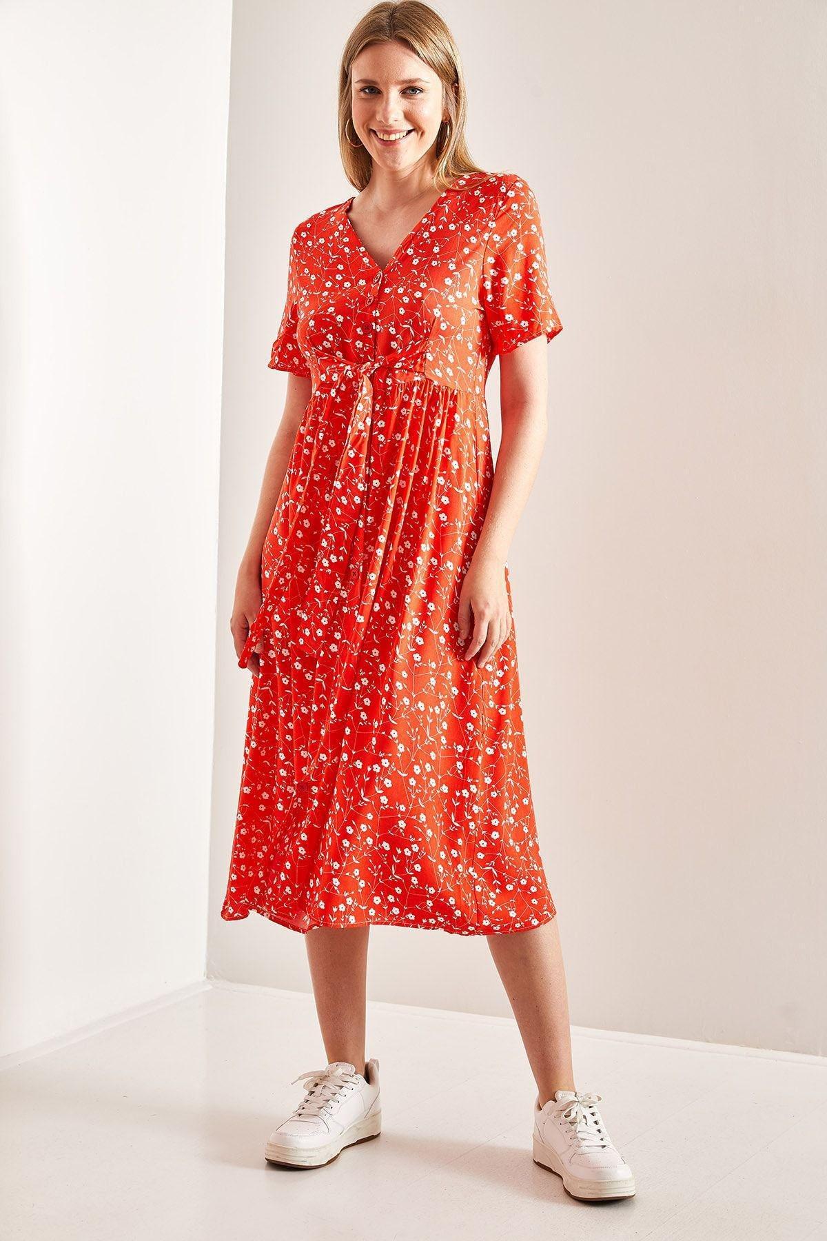 Red Buttoned Belted Floral Pattern Dress, C101_5690, large image number 4
