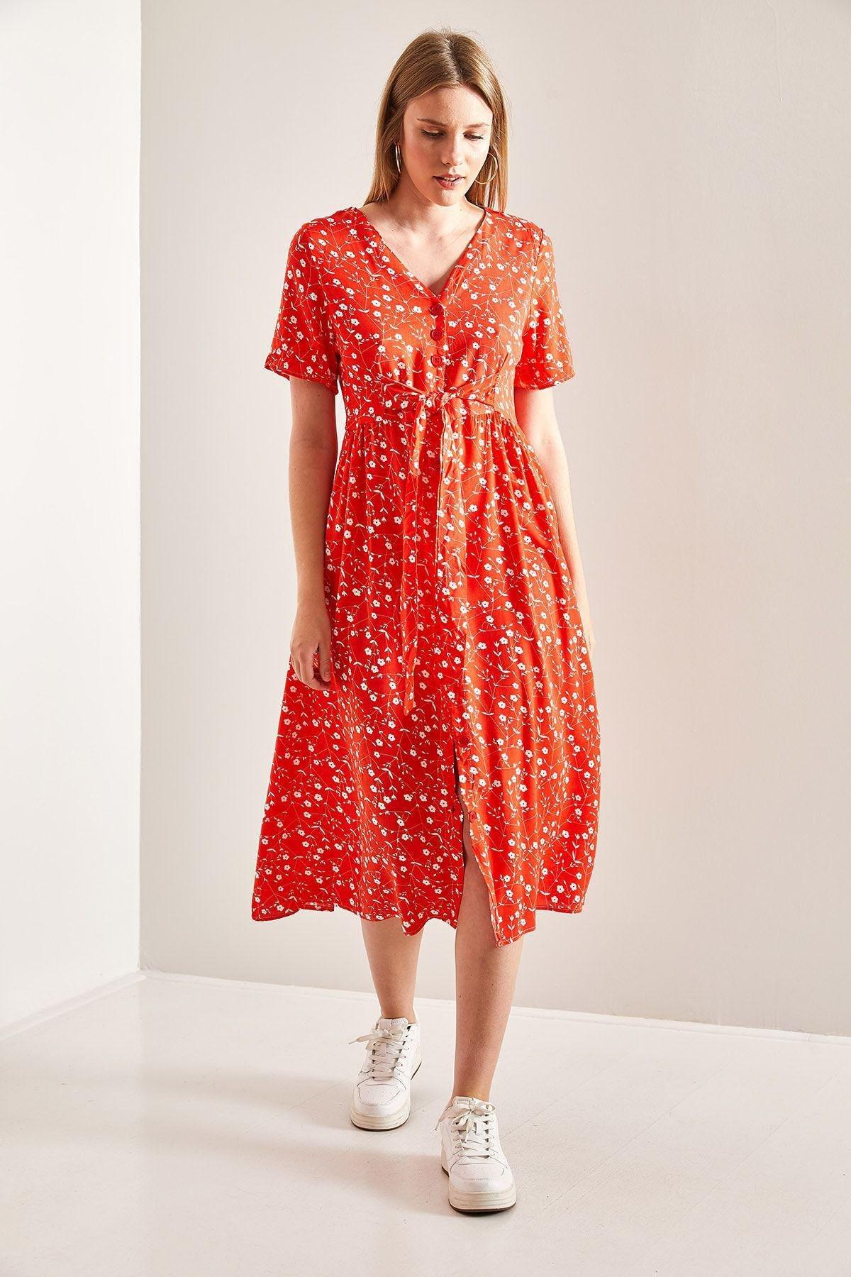 Red Buttoned Belted Floral Pattern Dress, C101_5690, large image number 5