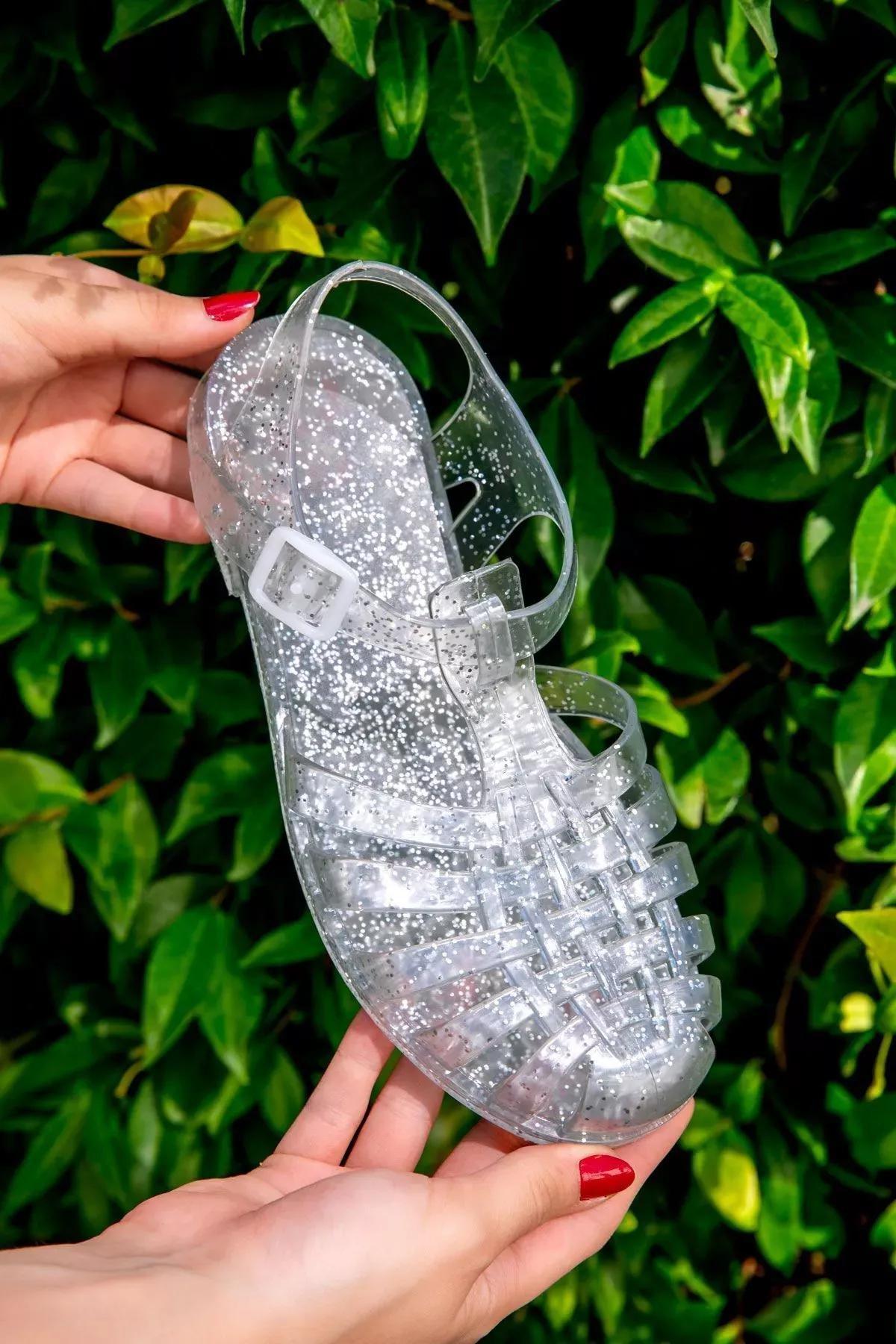 Clear Sheer Glitter Sandals, , medium