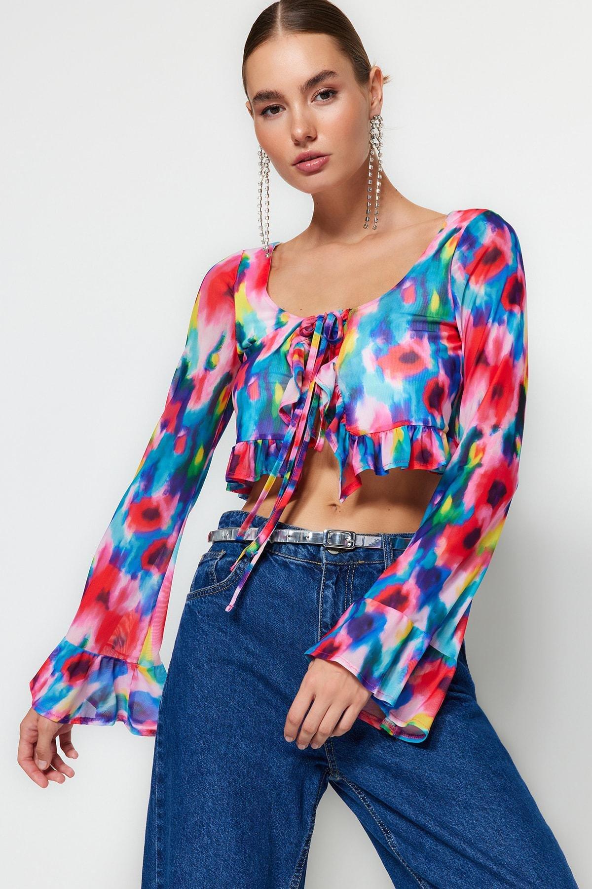 Multicolour Peplum Tulle Blouse, , large image number 0
