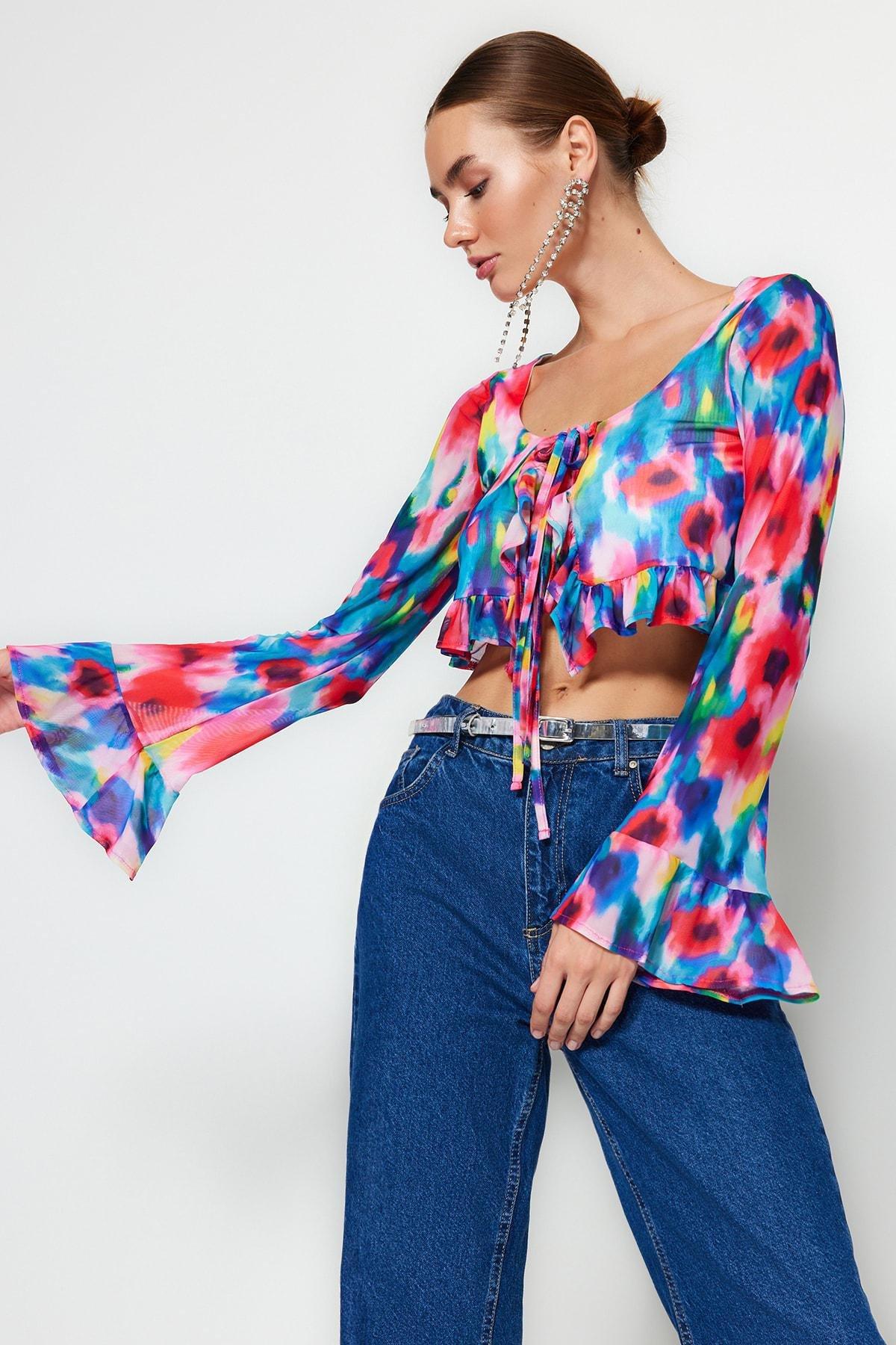Multicolour Peplum Tulle Blouse, , large image number 1