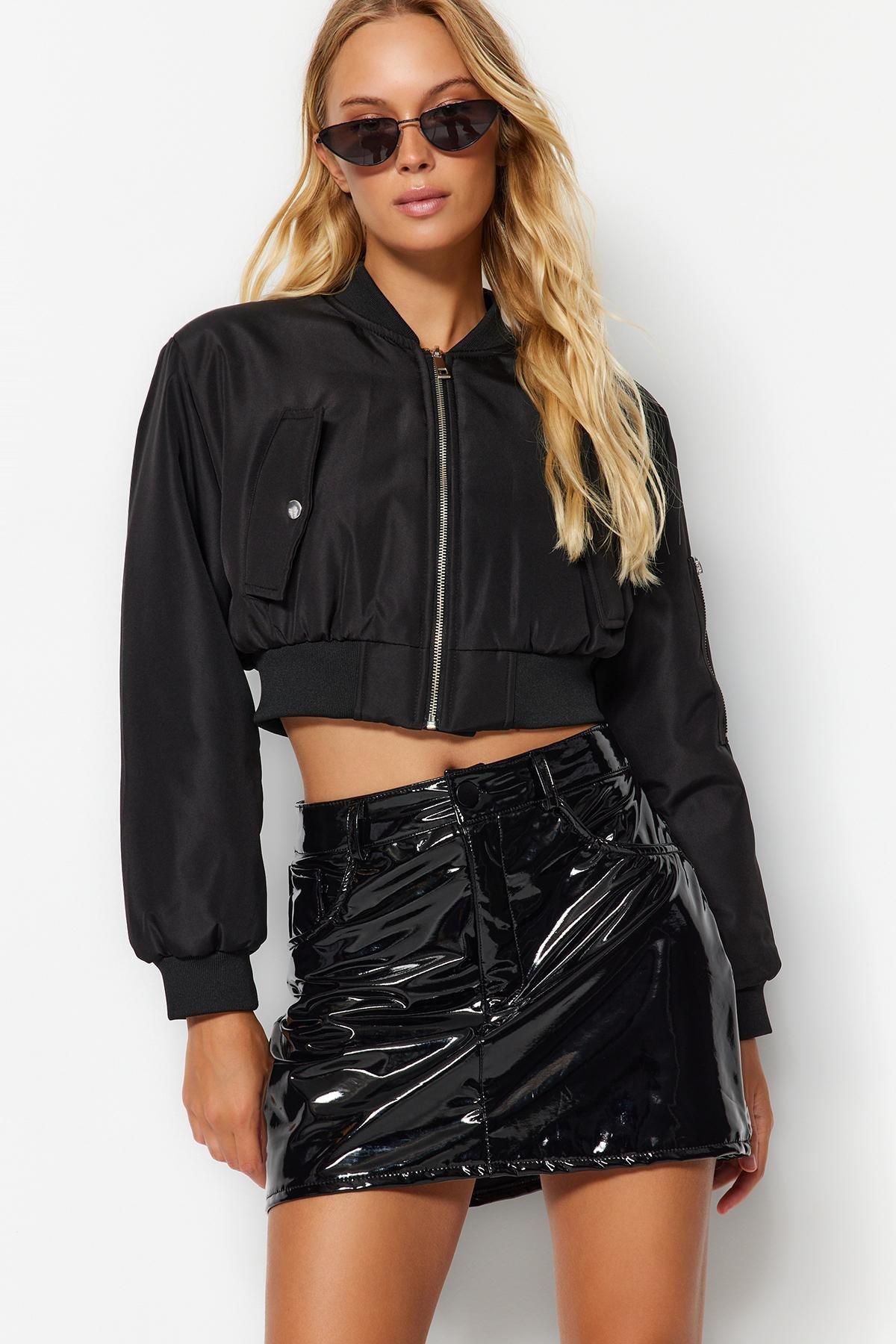 Black Shiny Faux Leather Mini Woven Skirt, , large image number 0