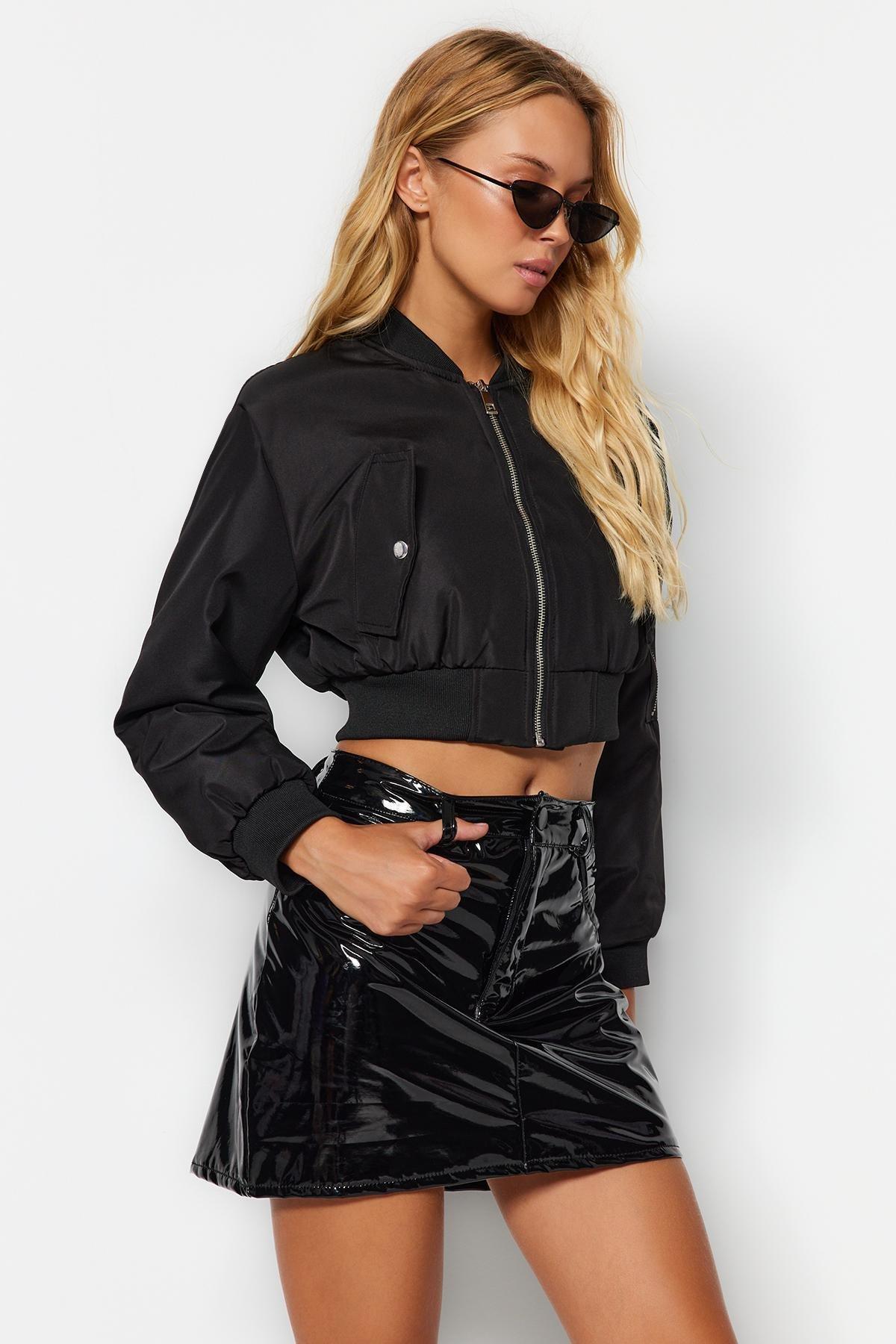 Black Shiny Faux Leather Mini Woven Skirt, , large image number 1