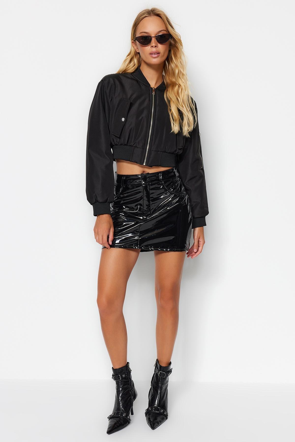 Black Shiny Faux Leather Mini Woven Skirt, , large image number 2