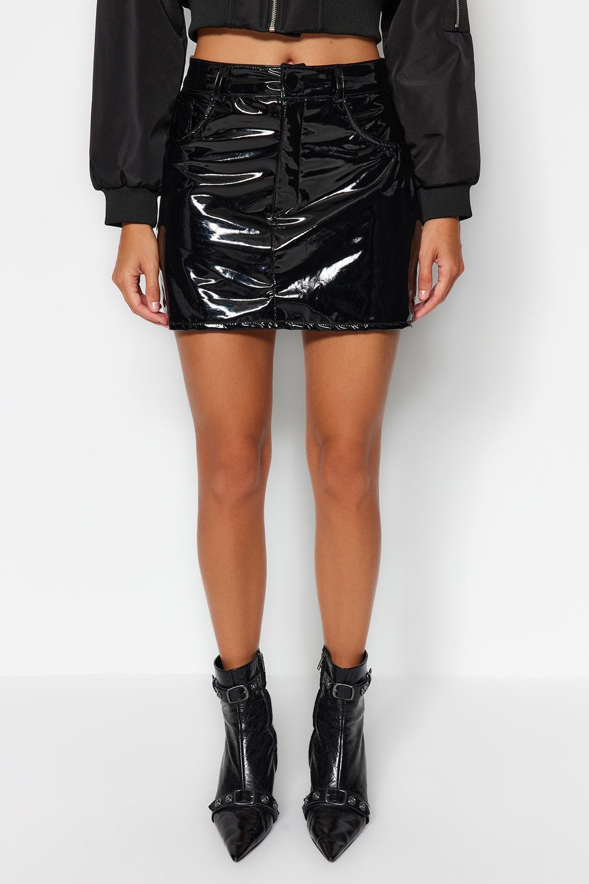 Black Shiny Faux Leather Mini Woven Skirt, , large image number 4