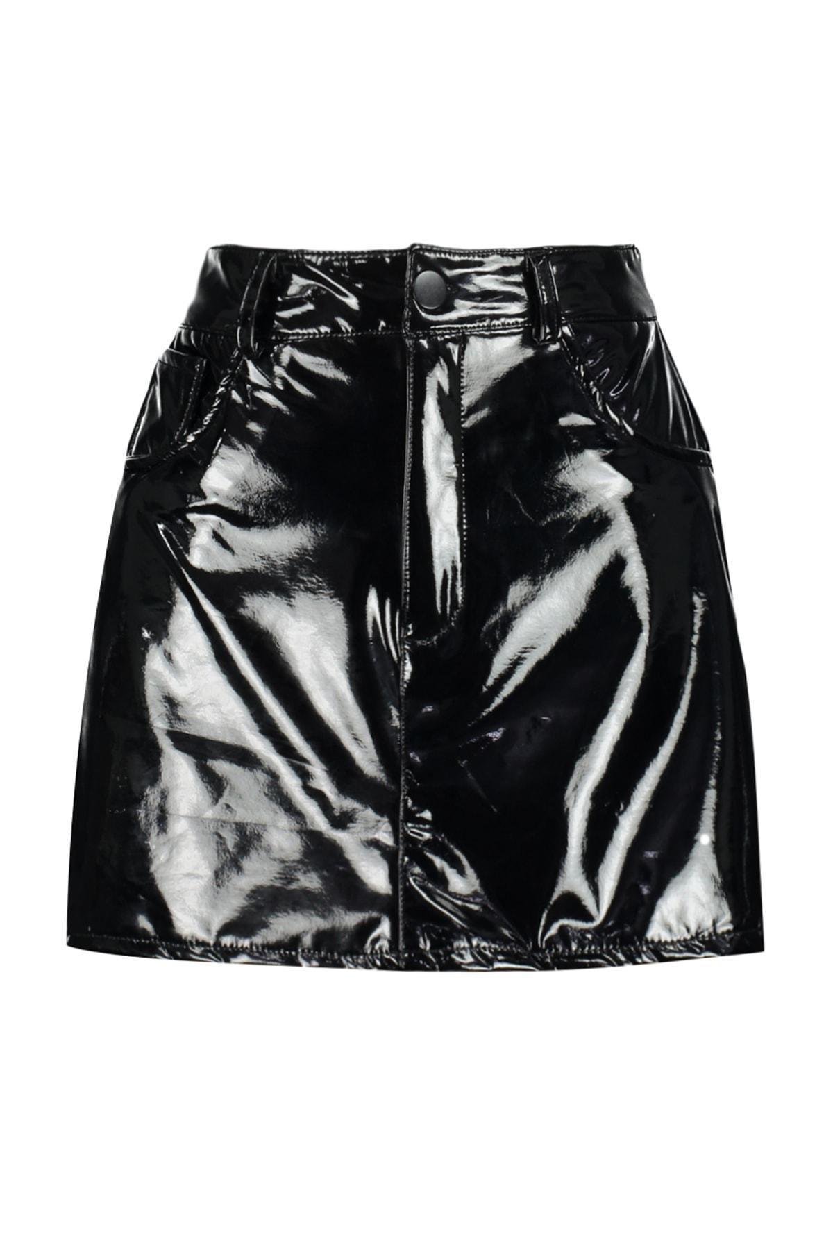 Black Shiny Faux Leather Mini Woven Skirt, , large image number 5