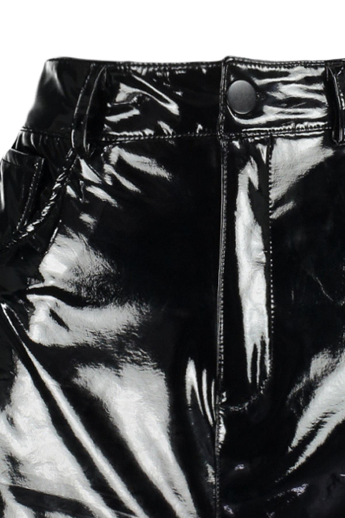 Black Shiny Faux Leather Mini Woven Skirt, , large image number 6