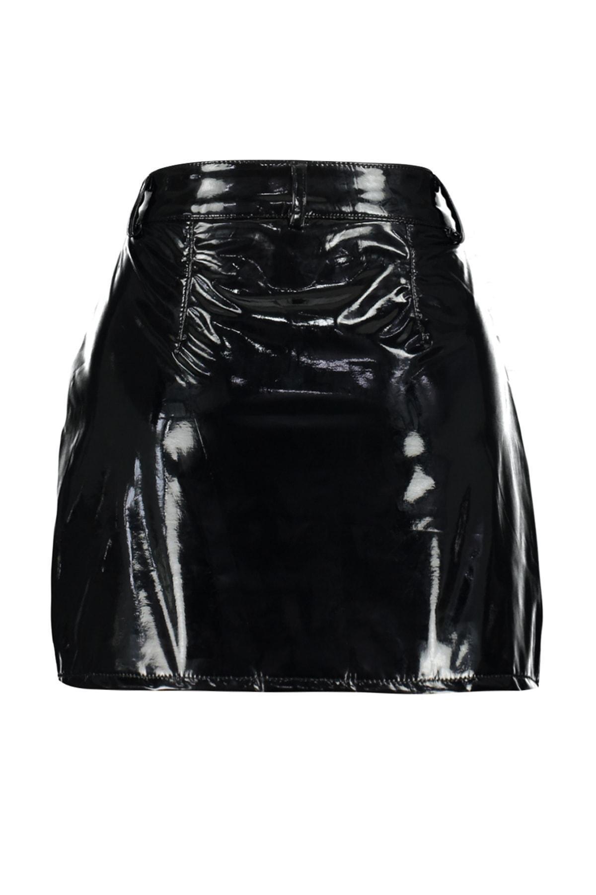 Black Shiny Faux Leather Mini Woven Skirt, , large image number 7